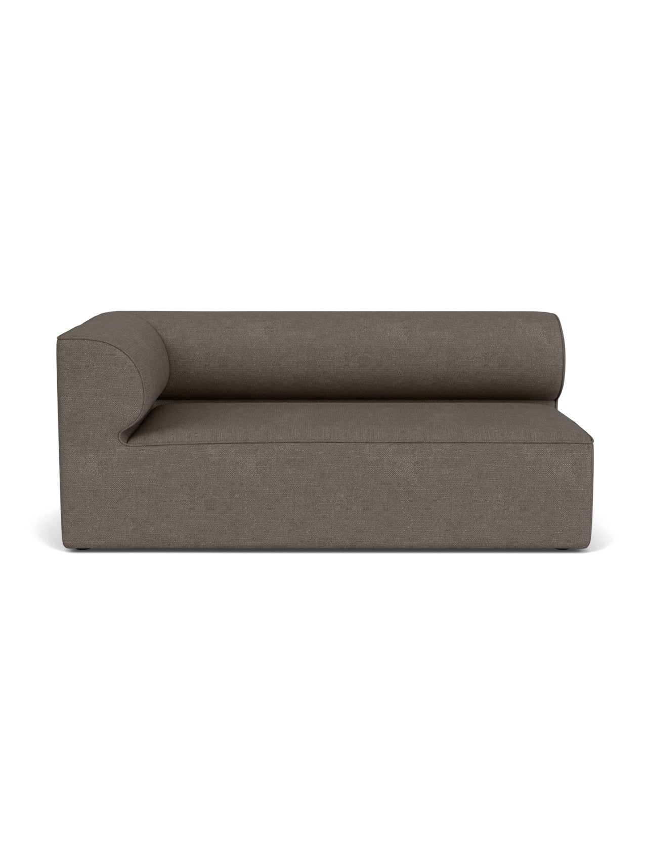 Front view of the Eave Modular Sofa, 96, Corner 192, a left-corner piece with dark brown bouclé and a low, curved back.
