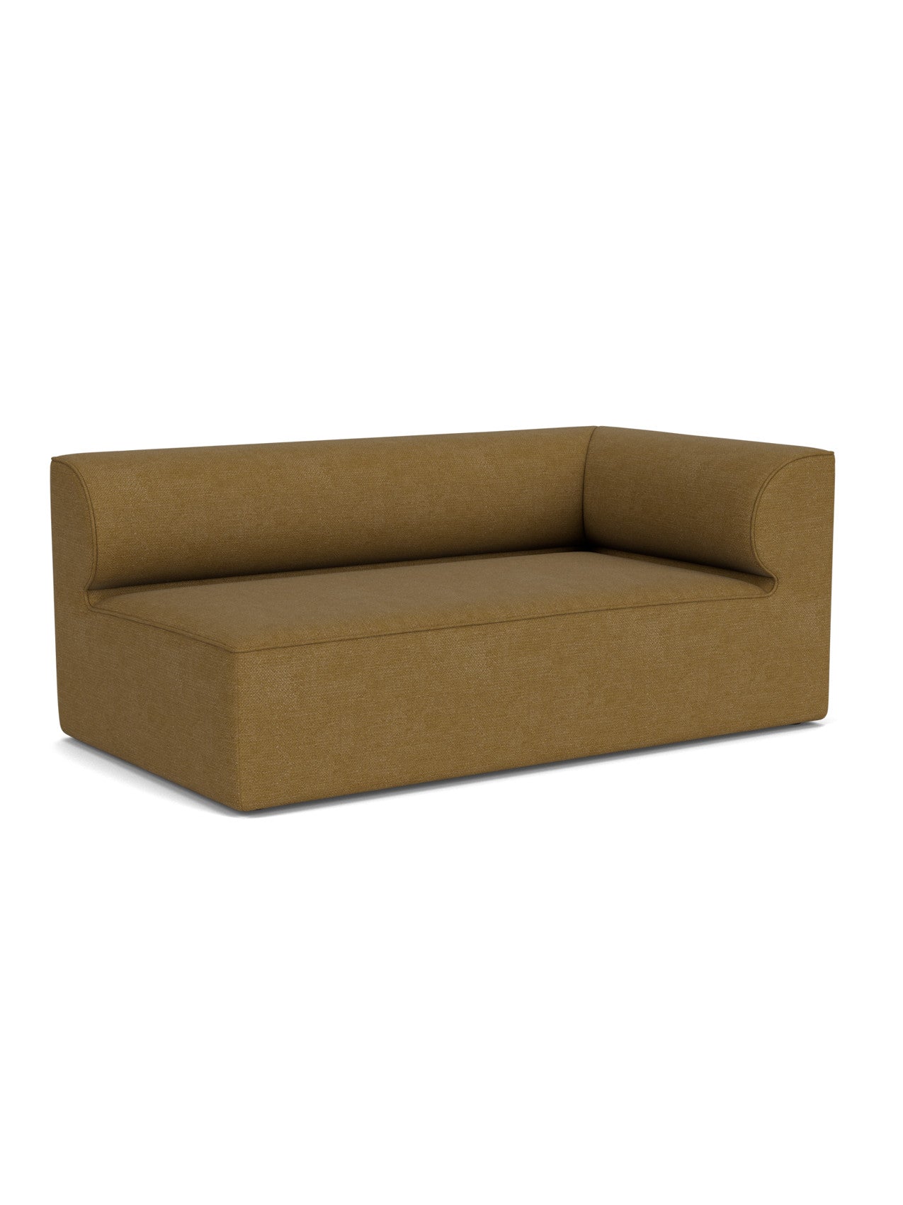 Angled view of the Eave Modular Sofa, 96, Corner 192 in a brown bouclé fabric. The minimalist piece has a low, curved back.