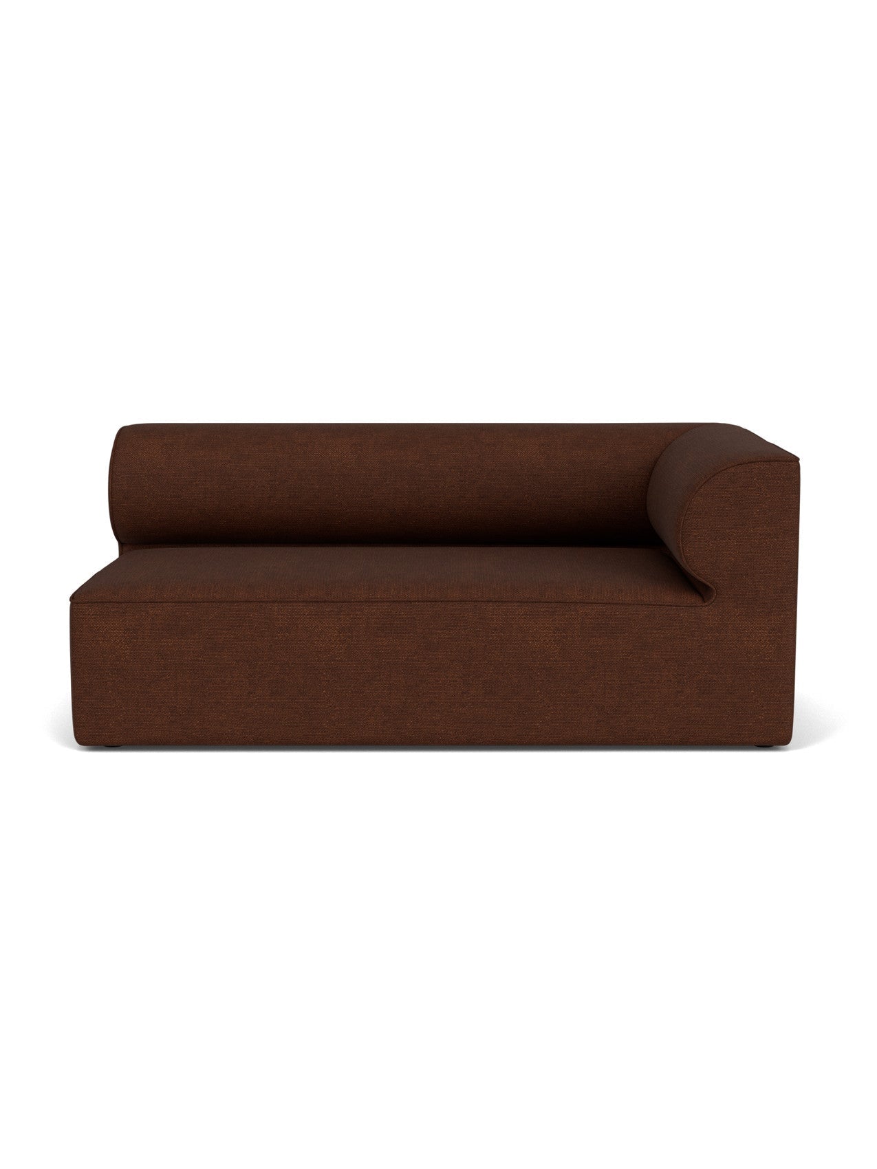 Front view of the Eave Modular Sofa, 96, Corner 192 in dark brown bouclé, with a low, curved backrest and right armrest.