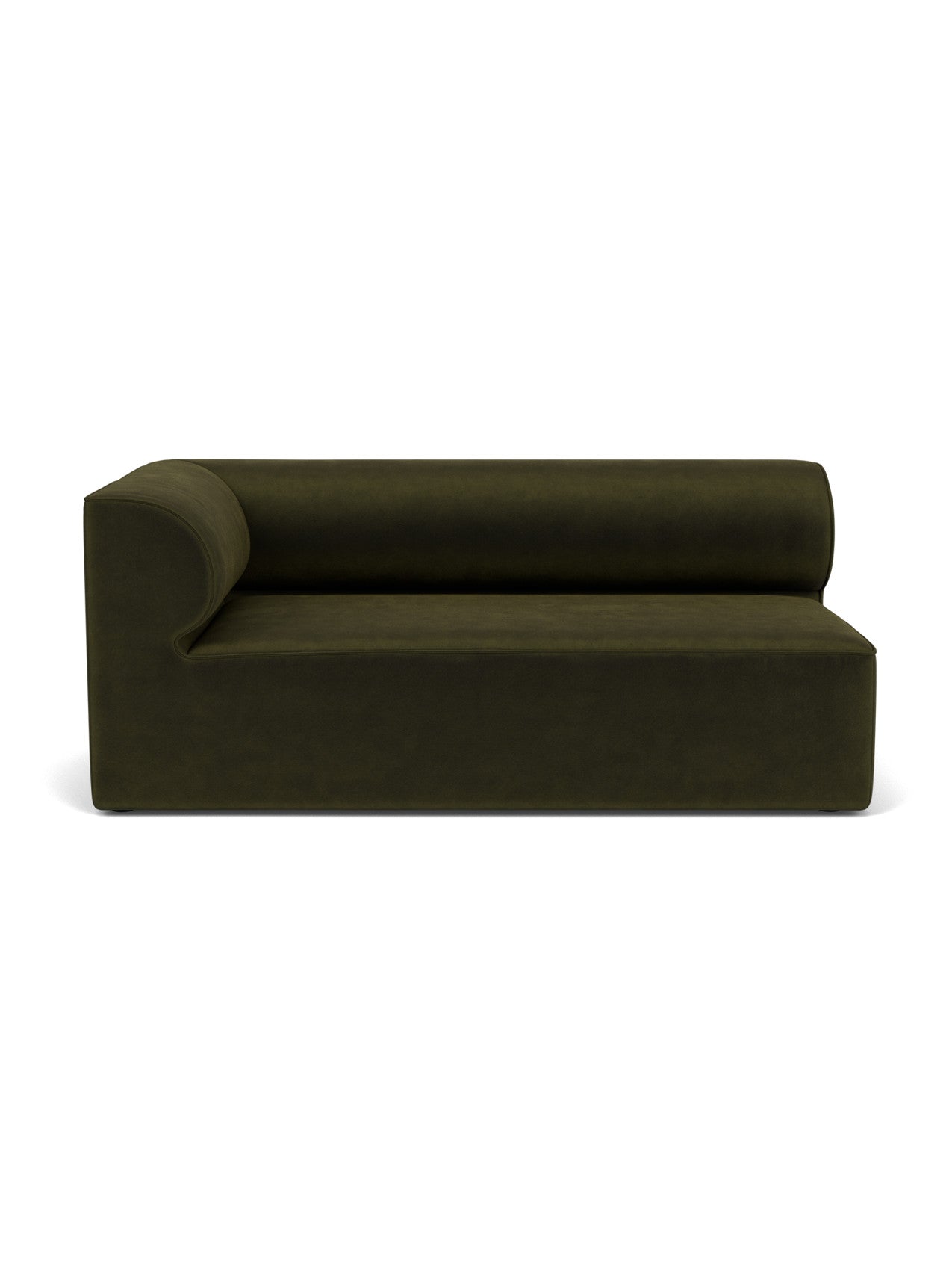 Front view of the Eave Modular Sofa, 96, Corner 192 Left module, upholstered in a dark green Champion 035 fabric.