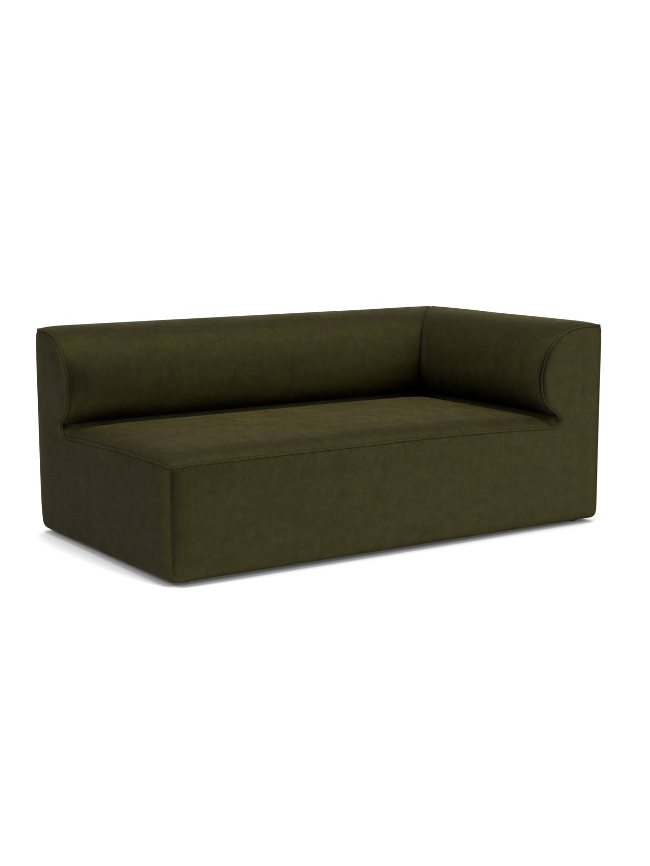 A studio shot of the Eave Modular Sofa, 96, Corner 192, a right-hand corner module in dark olive green fabric.