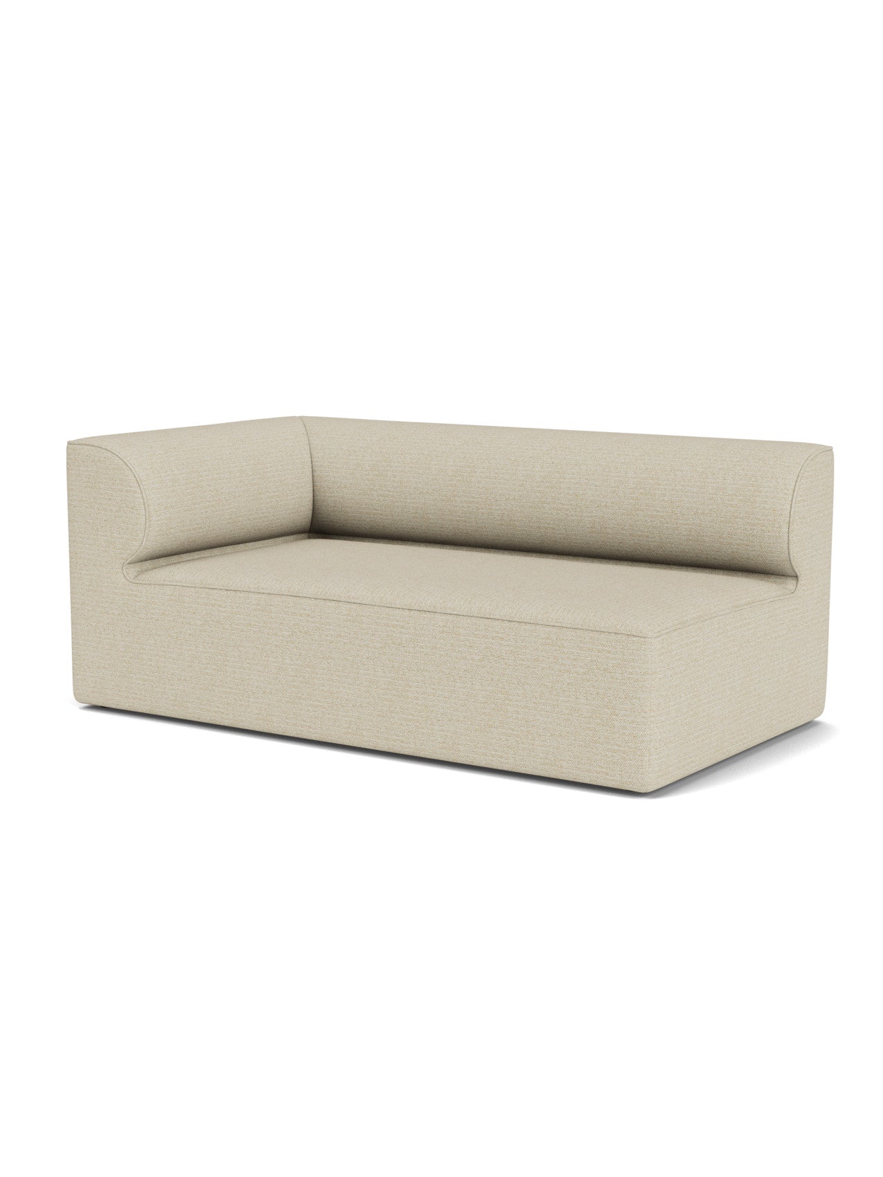 Angled view of the Eave Modular Sofa, 96, Corner 192, a left corner piece upholstered in a light beige textured fabric.