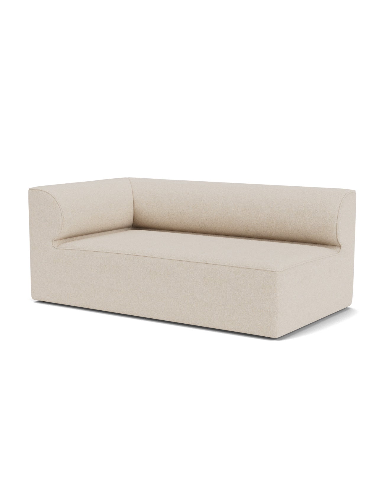A minimalist Eave Modular Sofa, 96, Corner 192, upholstered in a light beige fabric, featuring a curved back and deep seat.