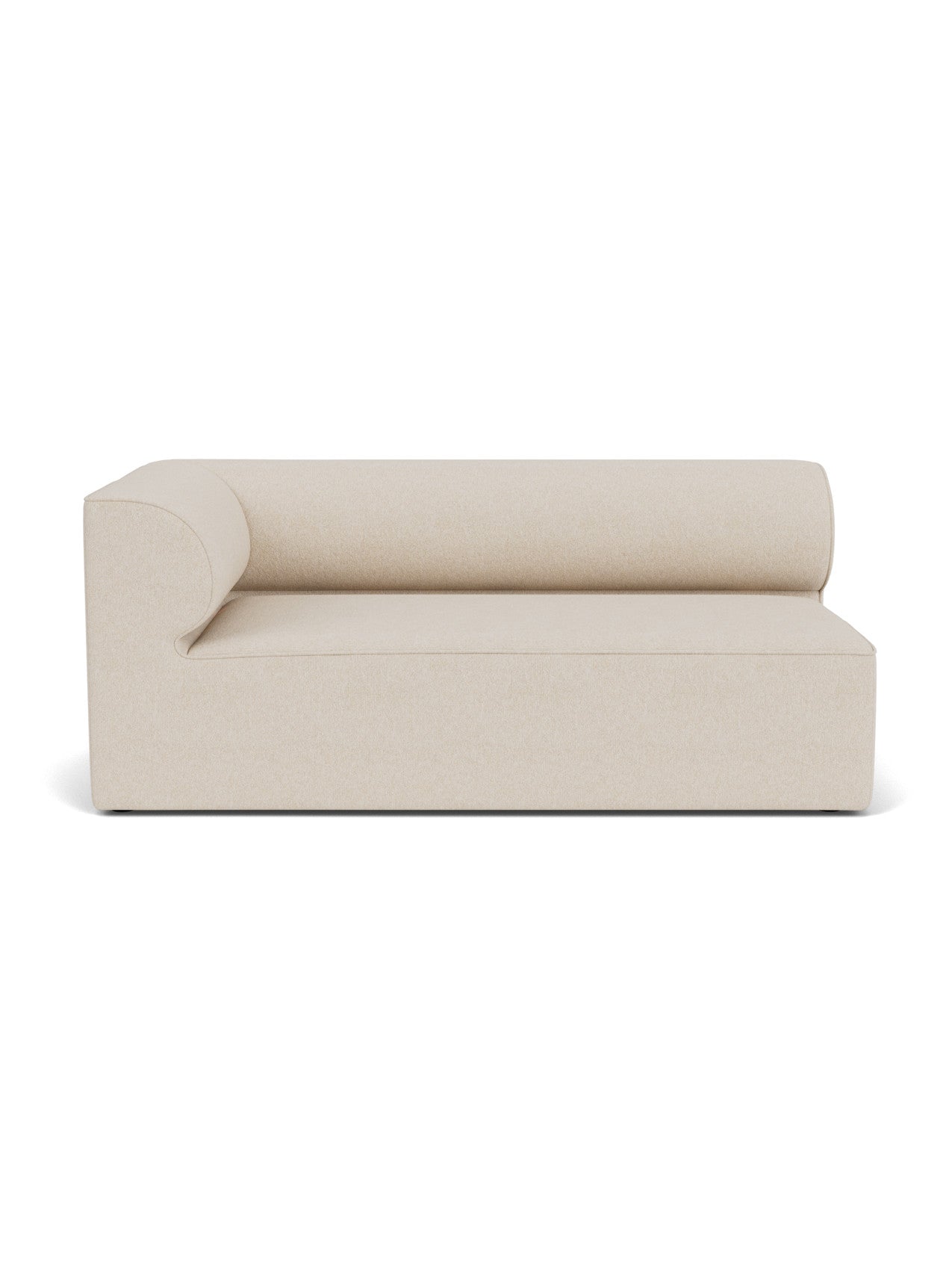 A front-on studio shot of the Eave Modular Sofa, 96, Corner 192. This left-hand module features a curved back and armrest.