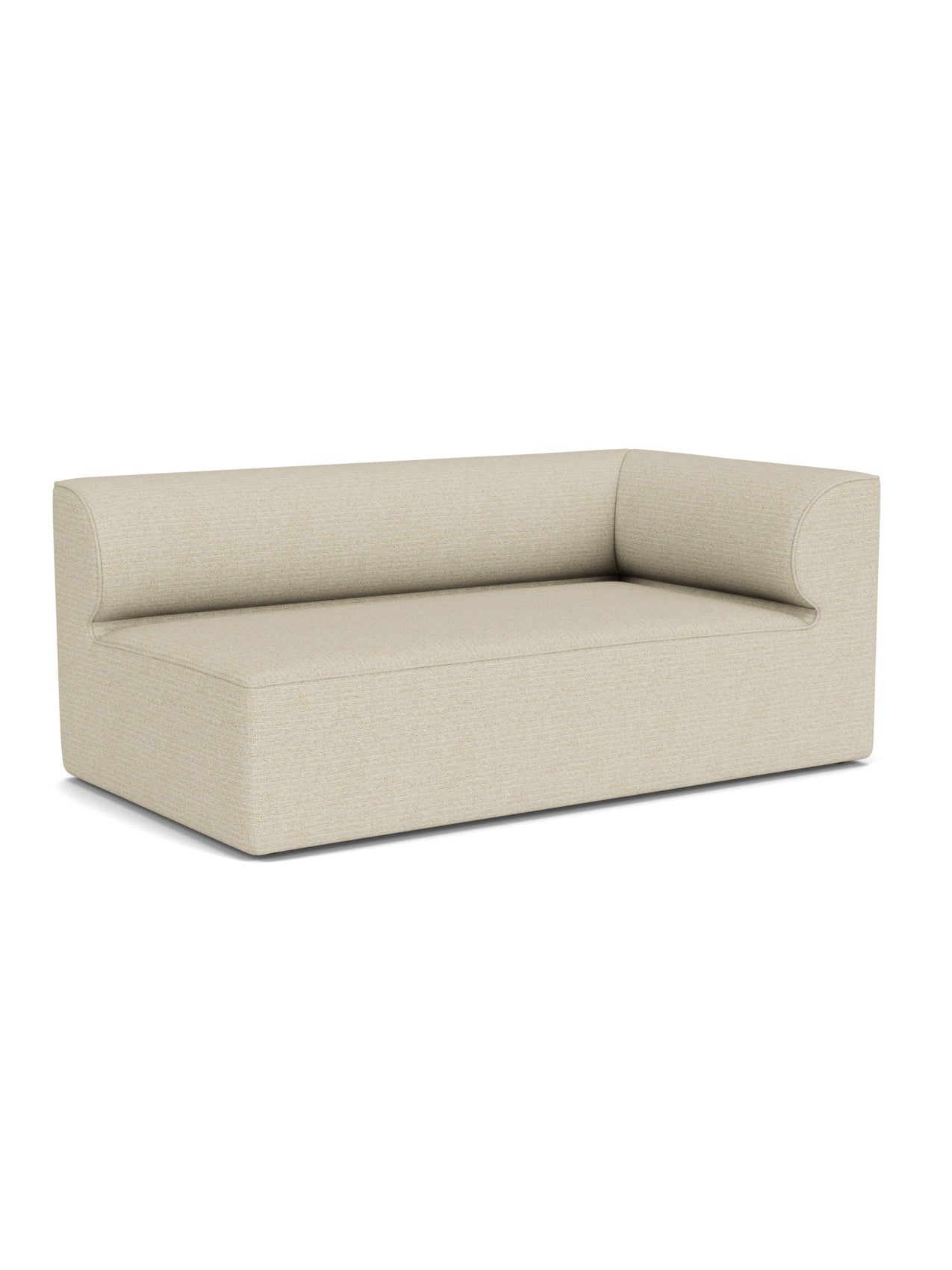 A three-quarter view of the Eave Modular Sofa, 96, Corner 192, upholstered in a textured, light beige fabric.