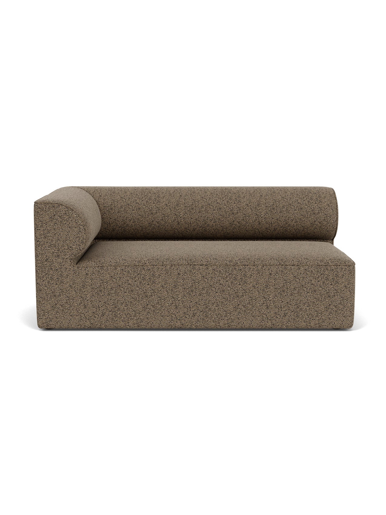 A front view of the Eave Modular Sofa, 96, Corner 192 left module, upholstered in a textured brown Safire 001 fabric.