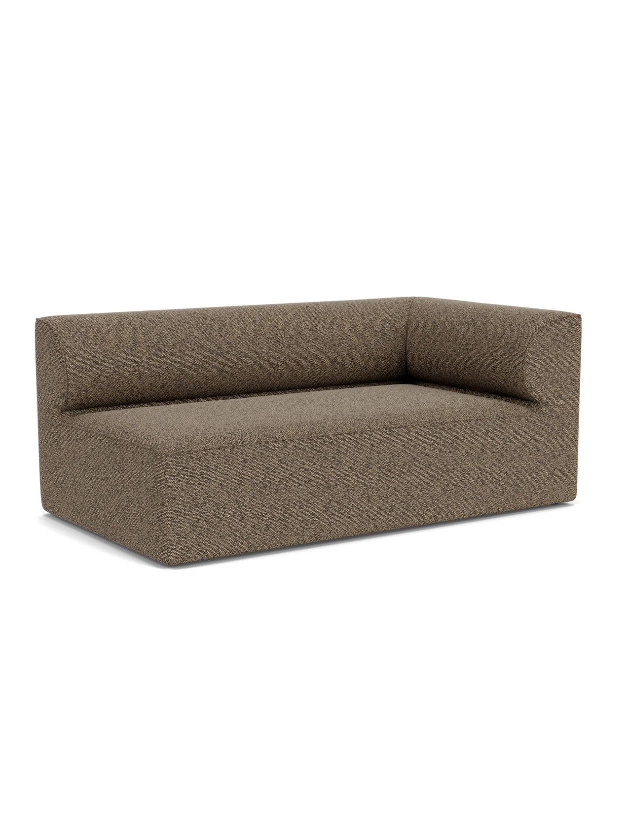 An angled view of the Eave Modular Sofa, 96, Corner 192, upholstered in a textured brown Safire 001 fabric.
