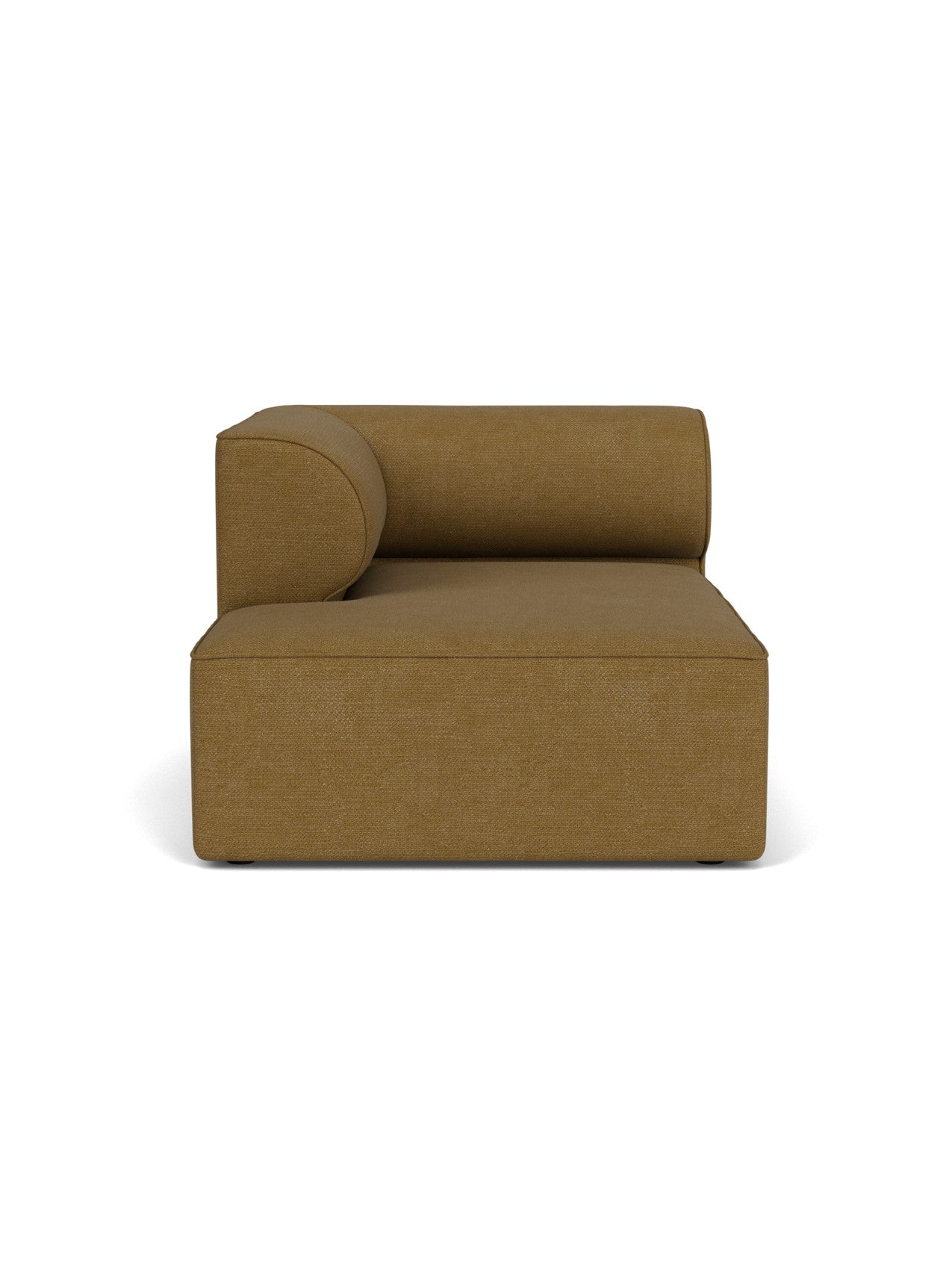 Front view of the Eave Modular Sofa, 96, Chaise Longue. The left-corner module is upholstered in brownish-gold bouclé.