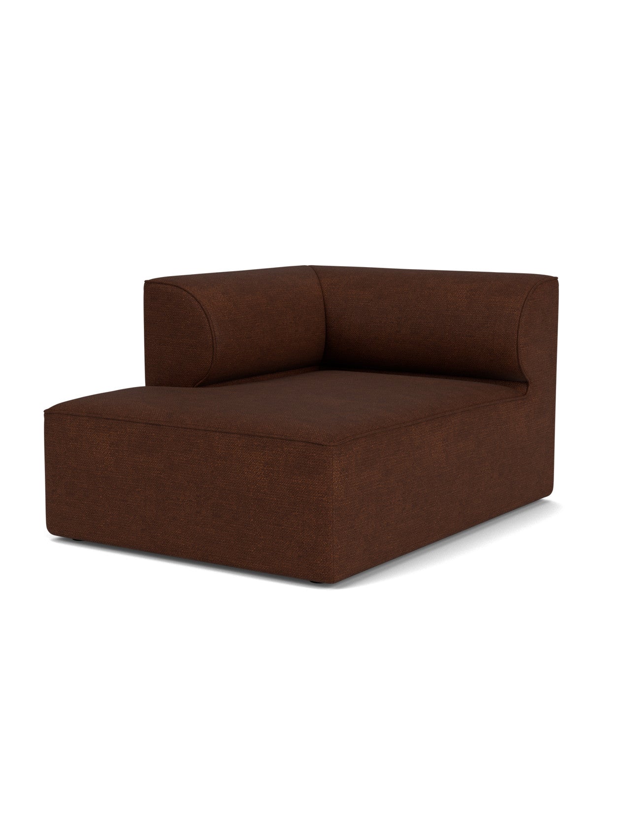 An angled view of the Eave Modular Sofa, 96, Chaise Longue, a left corner module upholstered in a textured brown fabric.