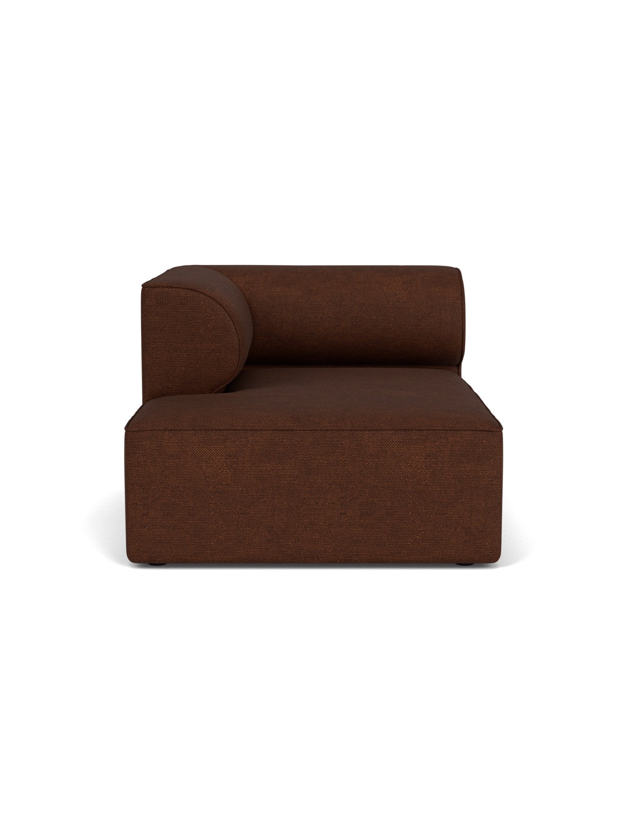Front-on view of the Eave Modular Sofa, 96, Chaise Longue upholstered in a dark brown, textured Audo Bouclé 08 fabric.
