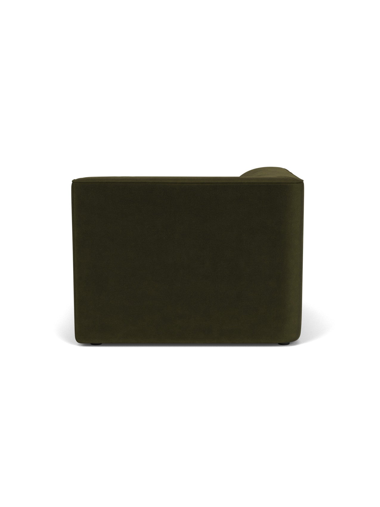 Back view of the Eave Modular Sofa, 96, Chaise Longue, upholstered in a dark green fabric, on a white background.