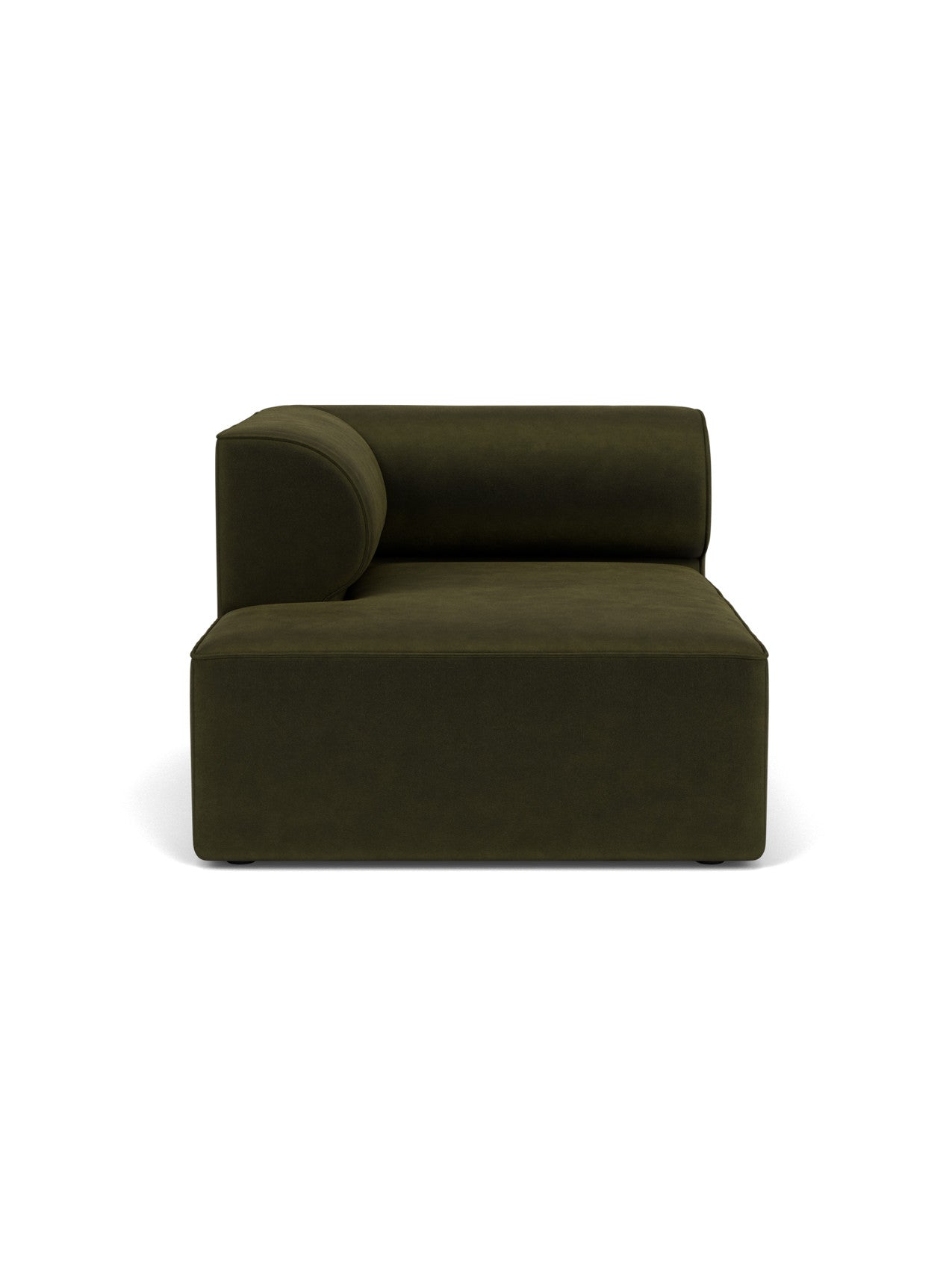 Front view of the Eave Modular Sofa, 96, Chaise Longue in dark green fabric, featuring a low, curved backrest on the left.