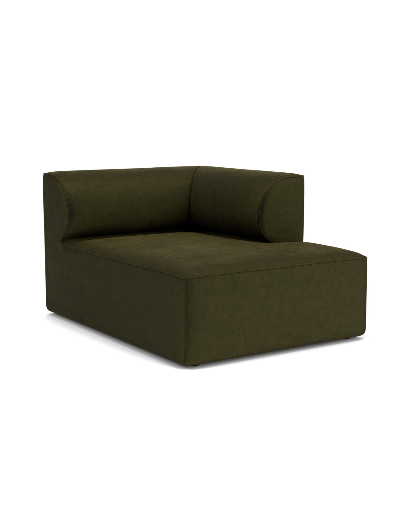 Angled view of the Eave Modular Sofa, 96, Chaise Longue in a dark green Champion 35 fabric, isolated on a white background.