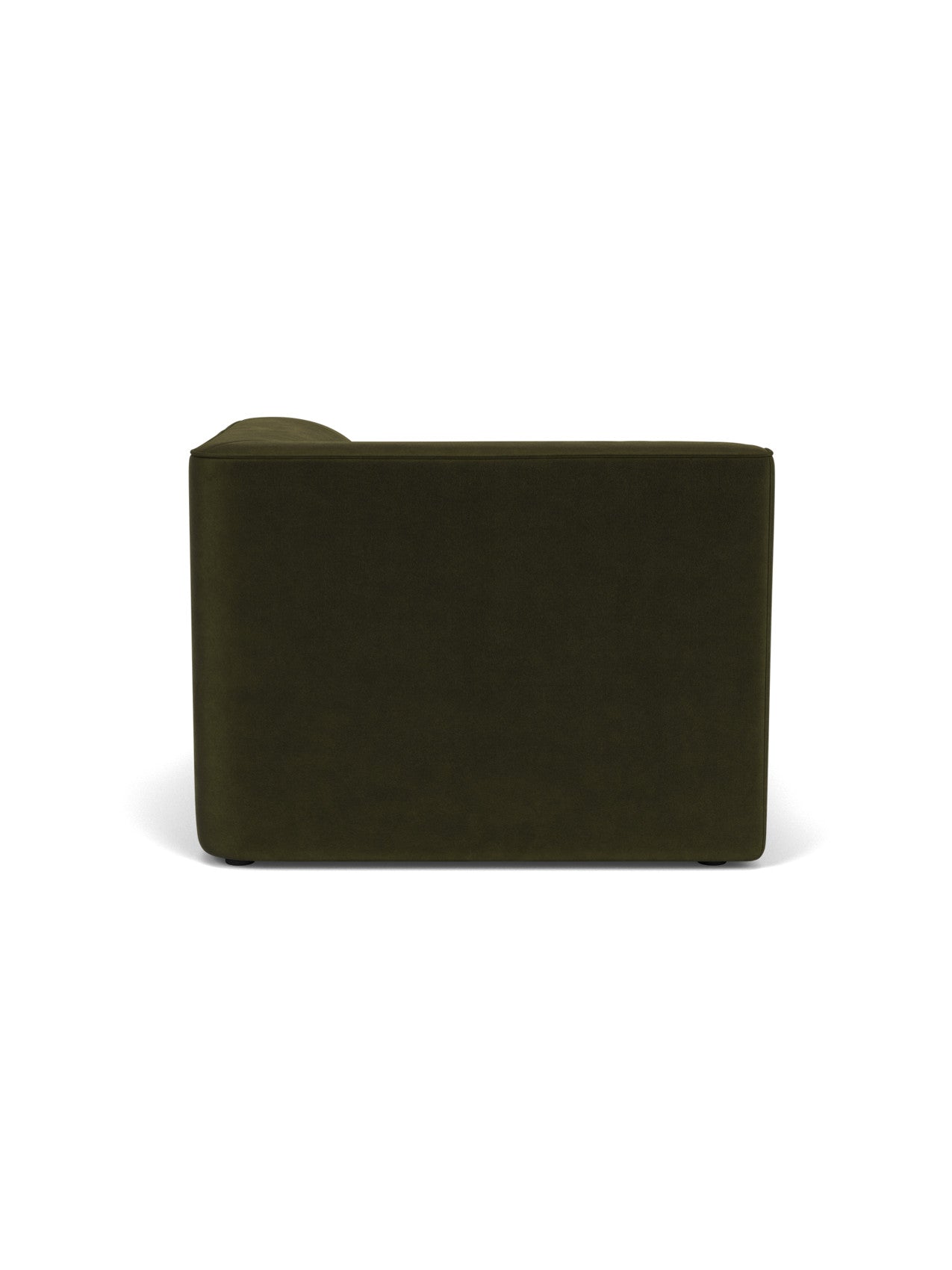 A back view of the Eave Modular Sofa, 96, Chaise Longue, upholstered in dark green fabric, against a plain white background.