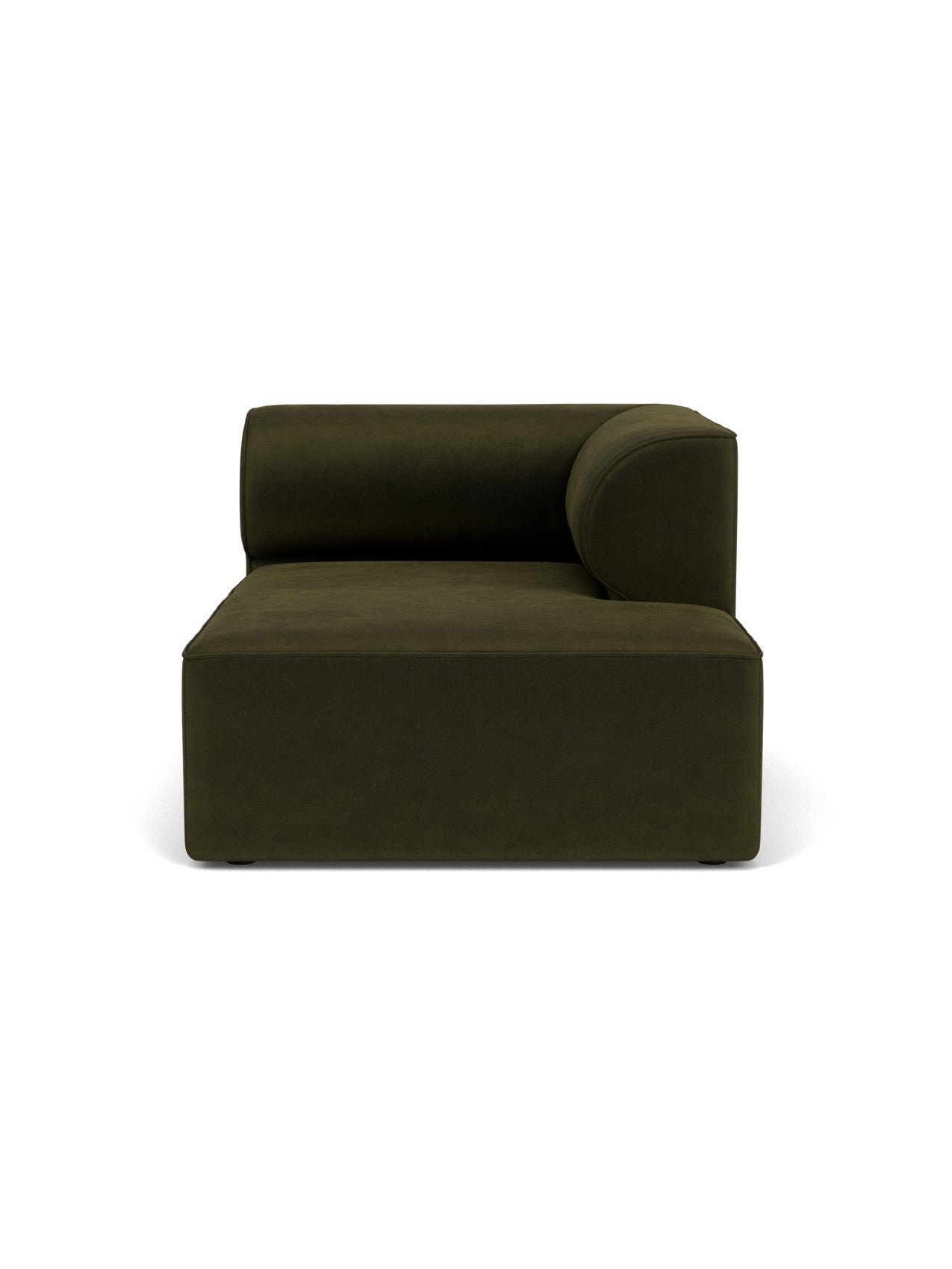 A front-facing view of the Eave Modular Sofa, 96, Chaise Longue. The right-hand module is upholstered in dark green fabric.