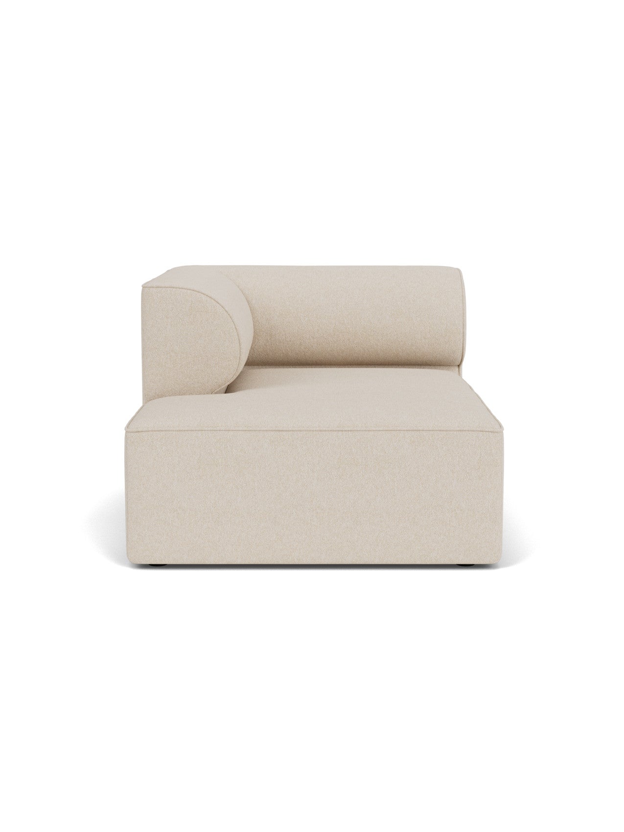 Front view of the Eave Modular Sofa, 96, Chaise Longue. The single, left-hand module is upholstered in a light beige fabric.