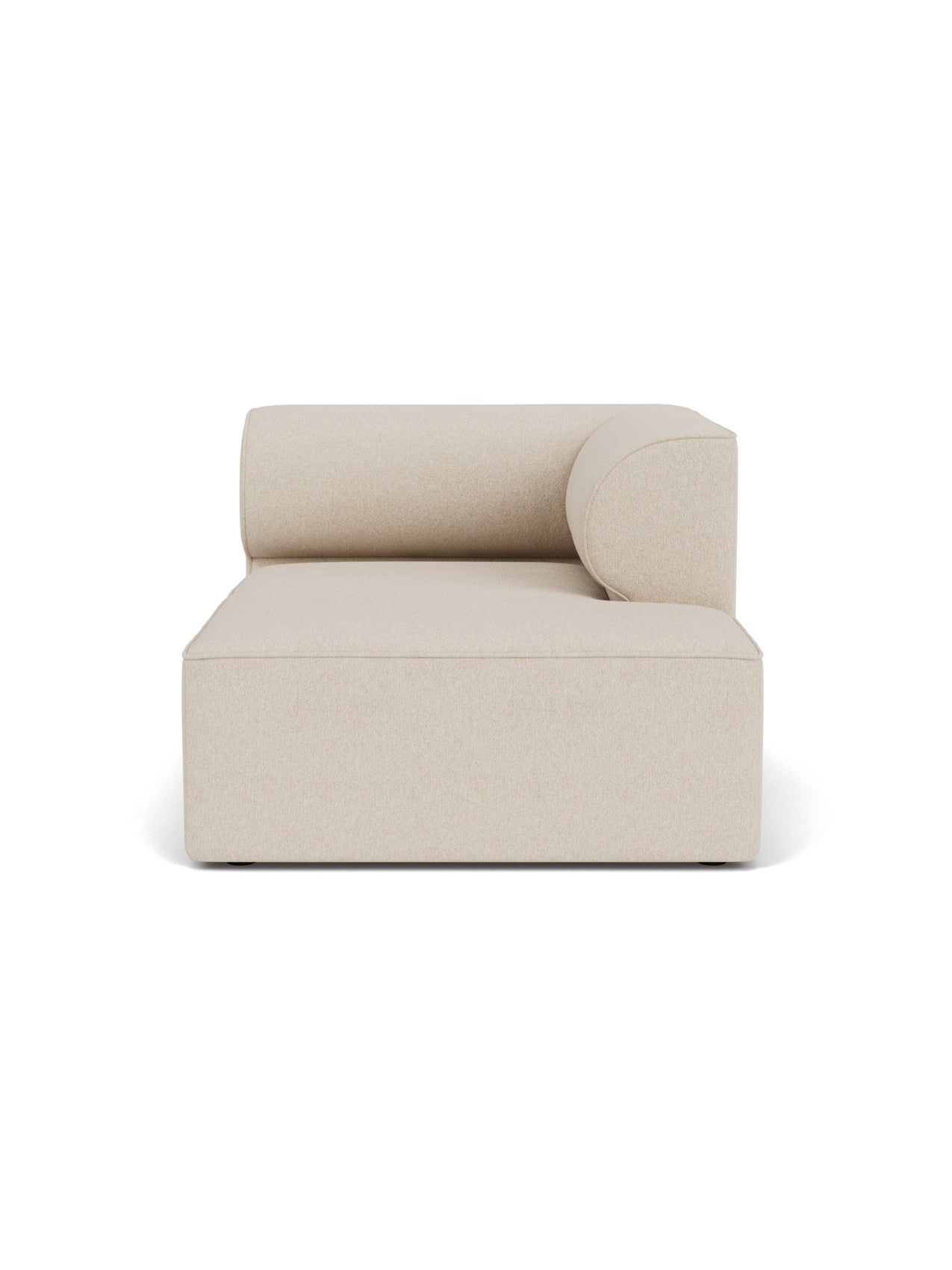 Front view of the Eave Modular Sofa, 96, Chaise Longue. Module has pale, textured upholstery, curved back and right arm.