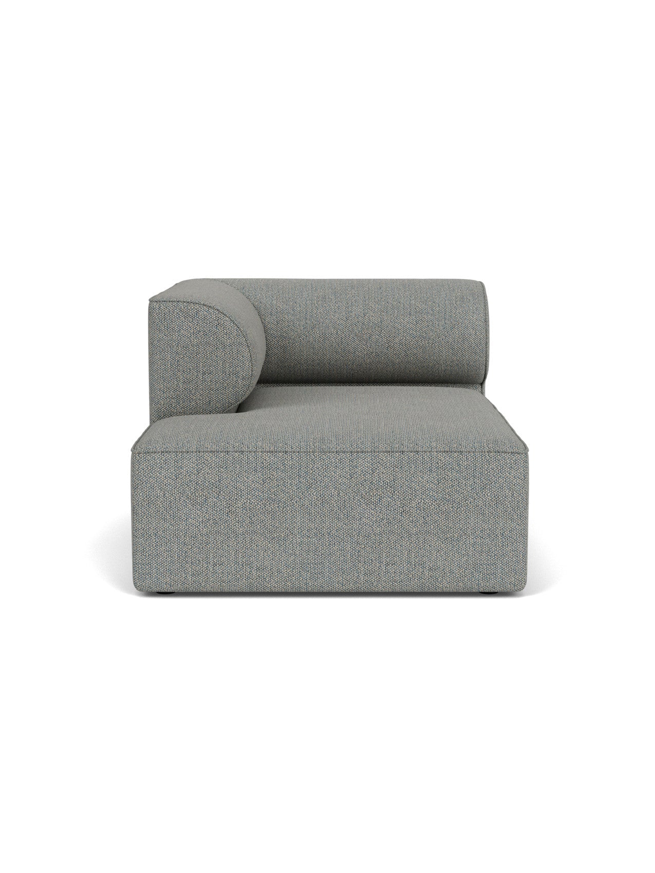 Front view of the Eave Modular Sofa, 96, Chaise Longue, a left-corner module with a curved armrest in grey-blue fabric.