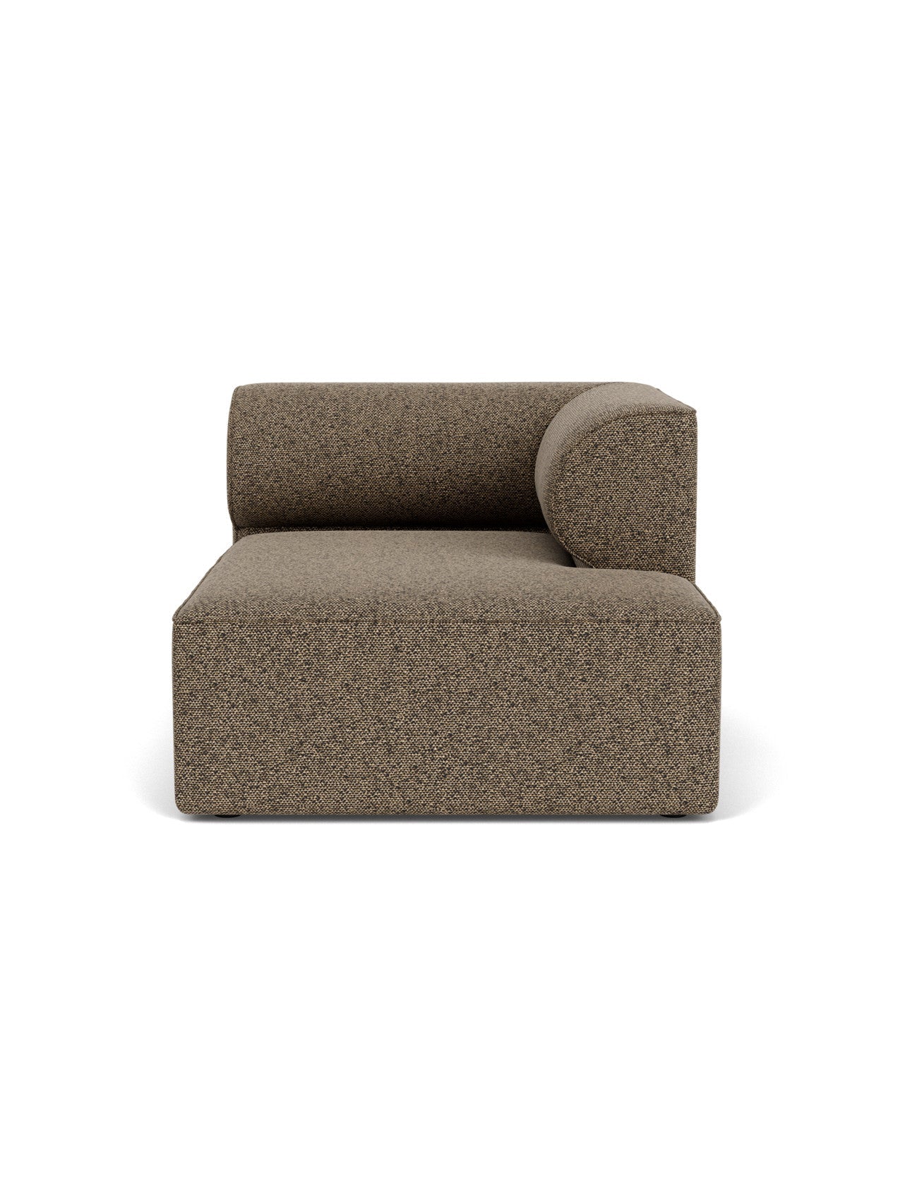 Front view of the Eave Modular Sofa, 96, Chaise Longue. The module is upholstered in brown fabric and has a curved right arm.