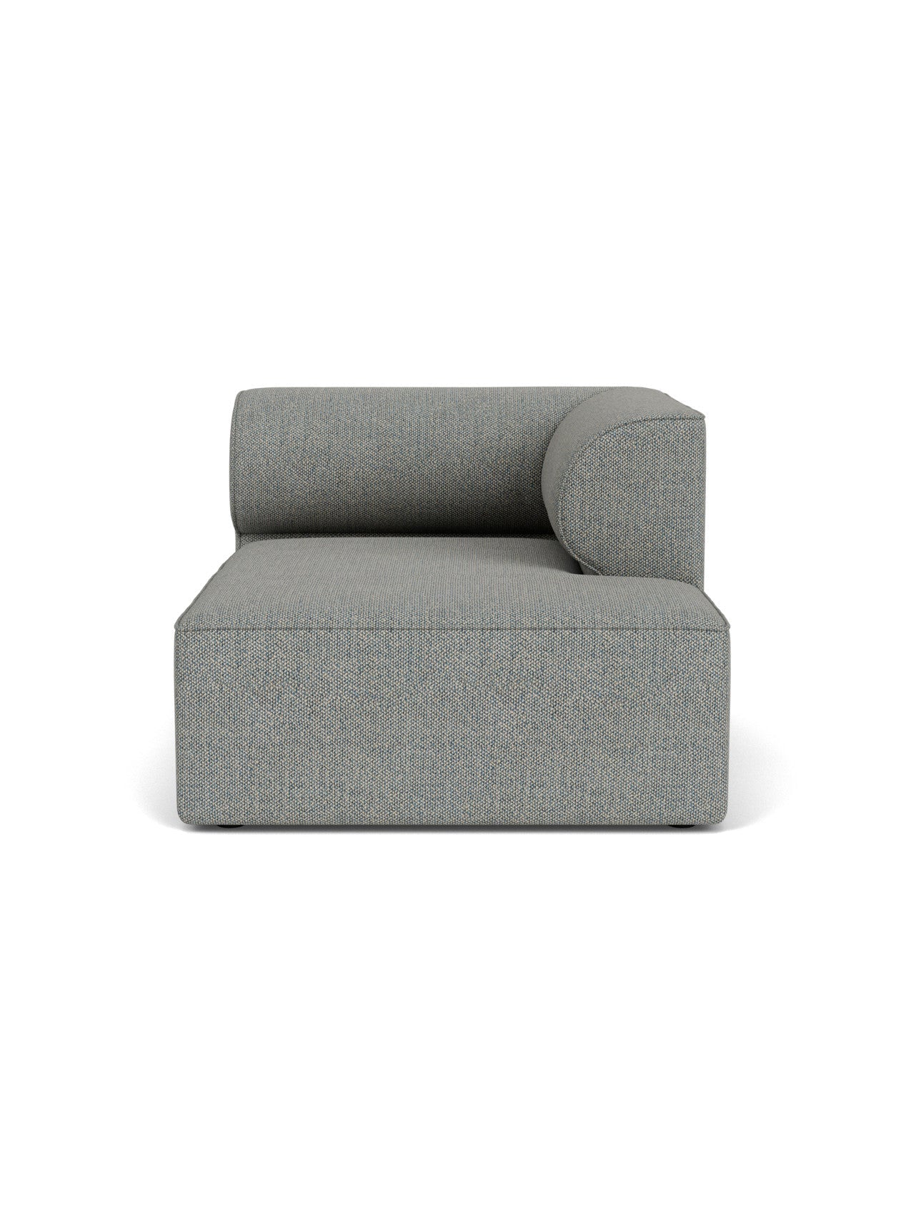 A front-on view of the grey, textured Eave Modular Sofa, 96, Chaise Longue, featuring a deep seat and a low, curved backrest.