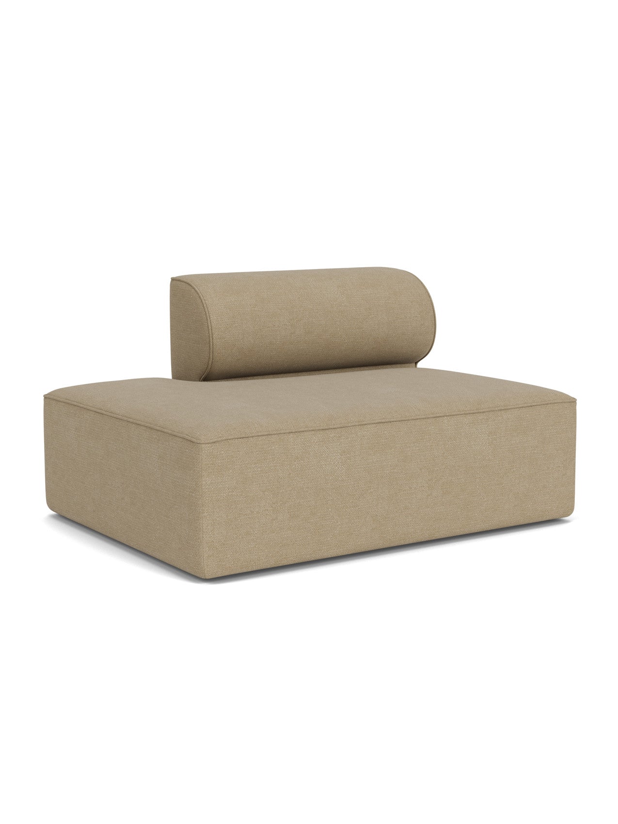 Eave Modular Sofa, 96, Open End 144 chaise longue module, shown at an angle, upholstered in light brown bouclé fabric.