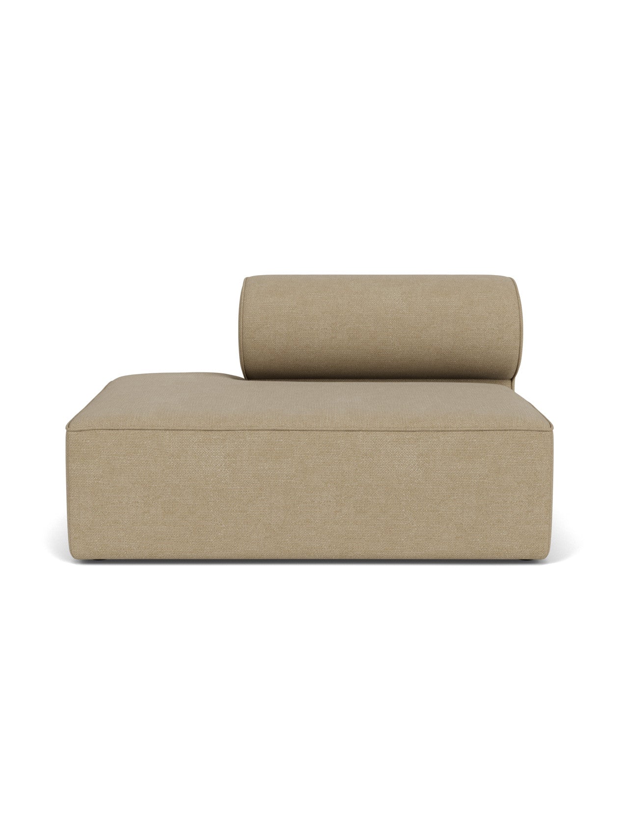 Front view of the Eave Modular Sofa, 96, Open End 144 chaise longue module, upholstered in a textured, light brown fabric.