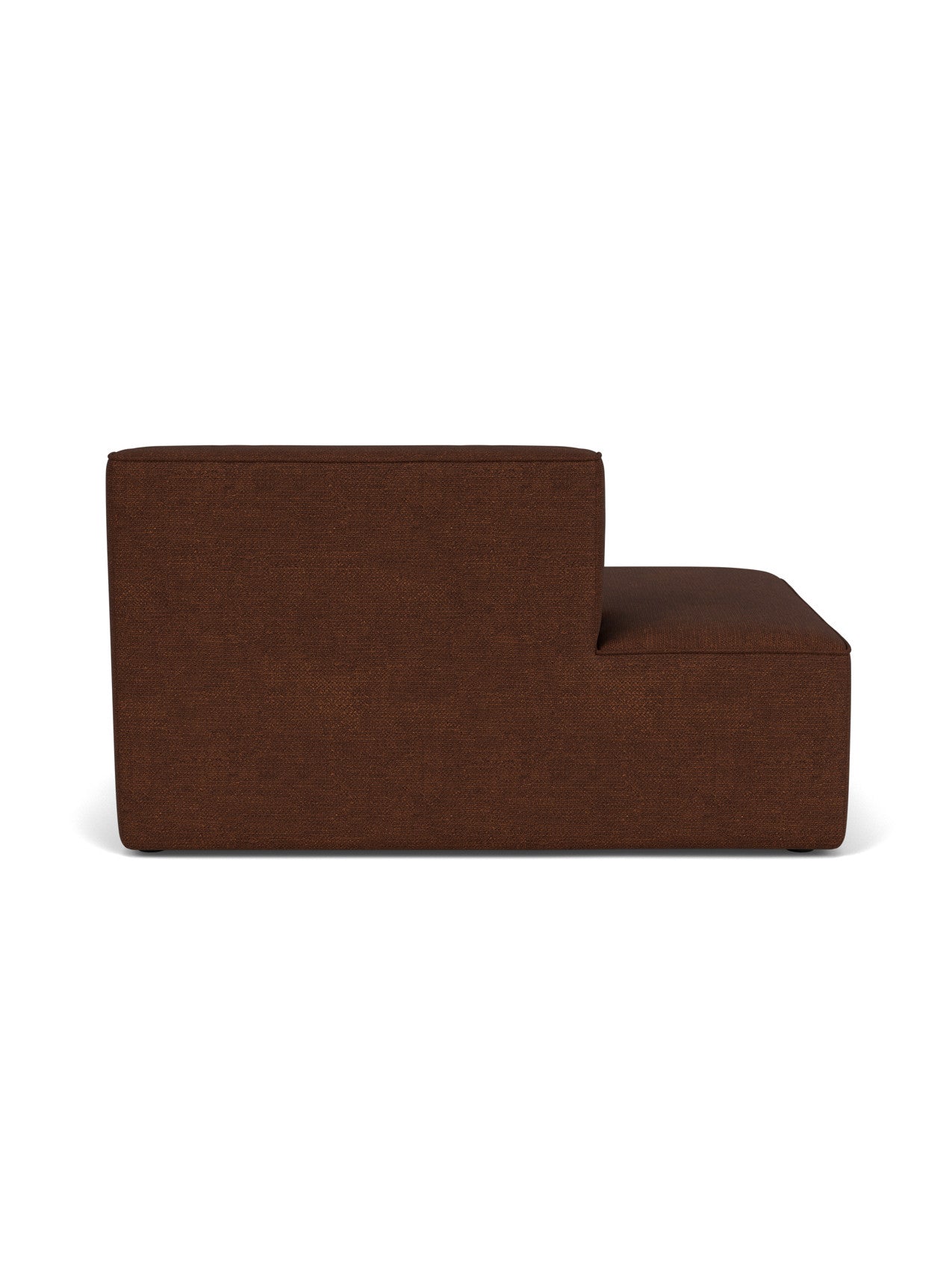 A back view of the Eave Modular Sofa, 96, Open End 144. Upholstered in a dark brown bouclé fabric on a white background.
