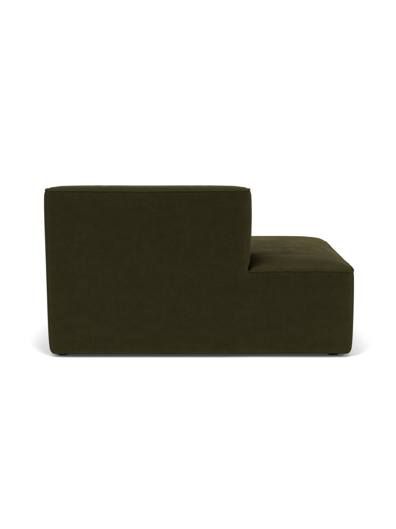 Rear profile of the Eave Modular Sofa, 96, Open End 144, showcasing its dark green upholstery and blocky, modular design.