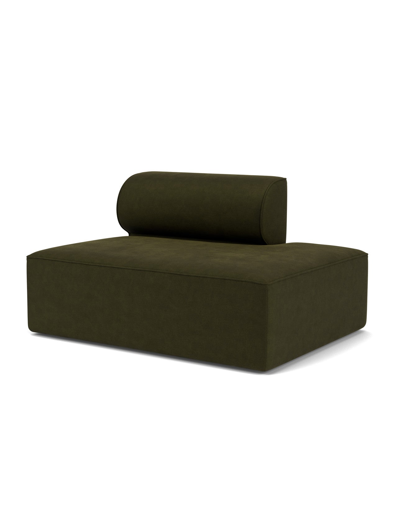 Angled view of the Eave Modular Sofa, 96, Open End 144 module in dark green Champion 35 fabric on a white background.