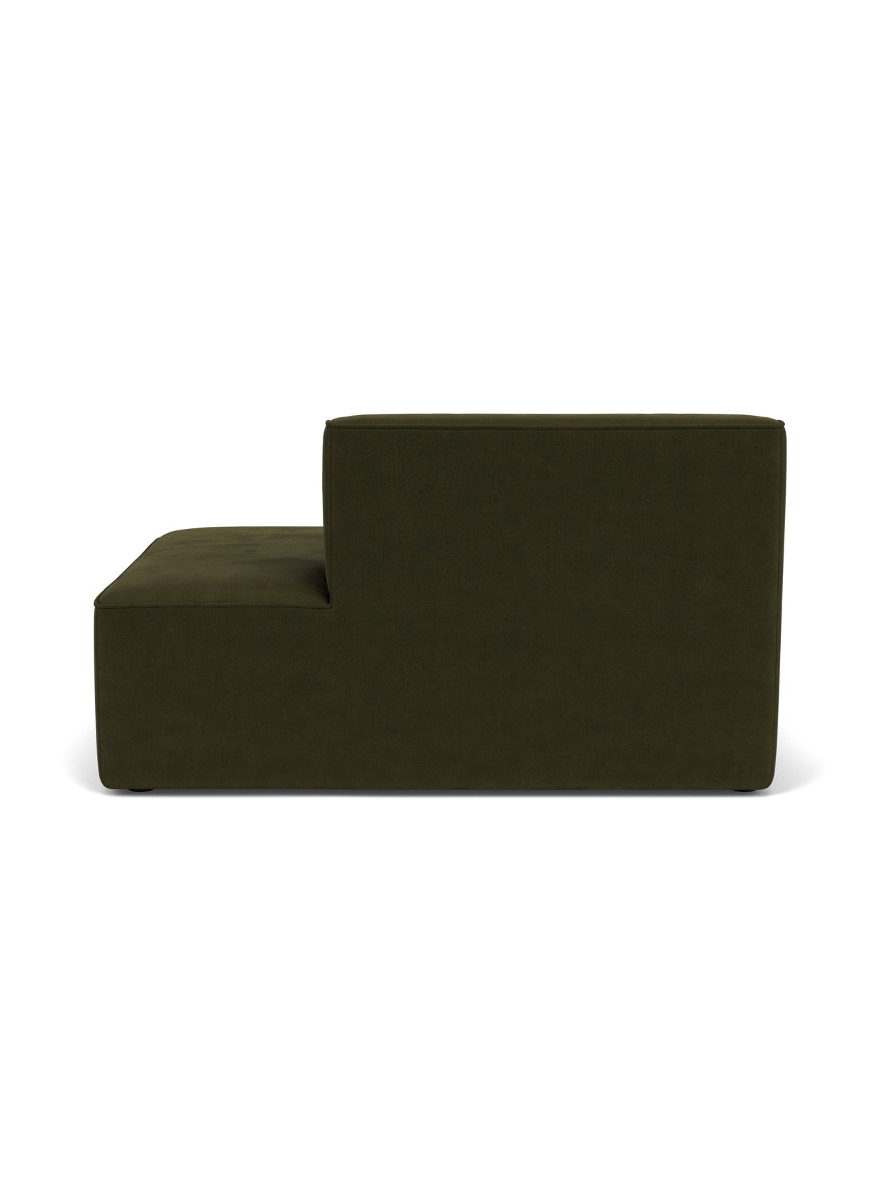 A back view of the Eave Modular Sofa, 96, Open End 144. This modular piece is upholstered in dark green Champion 35 fabric.