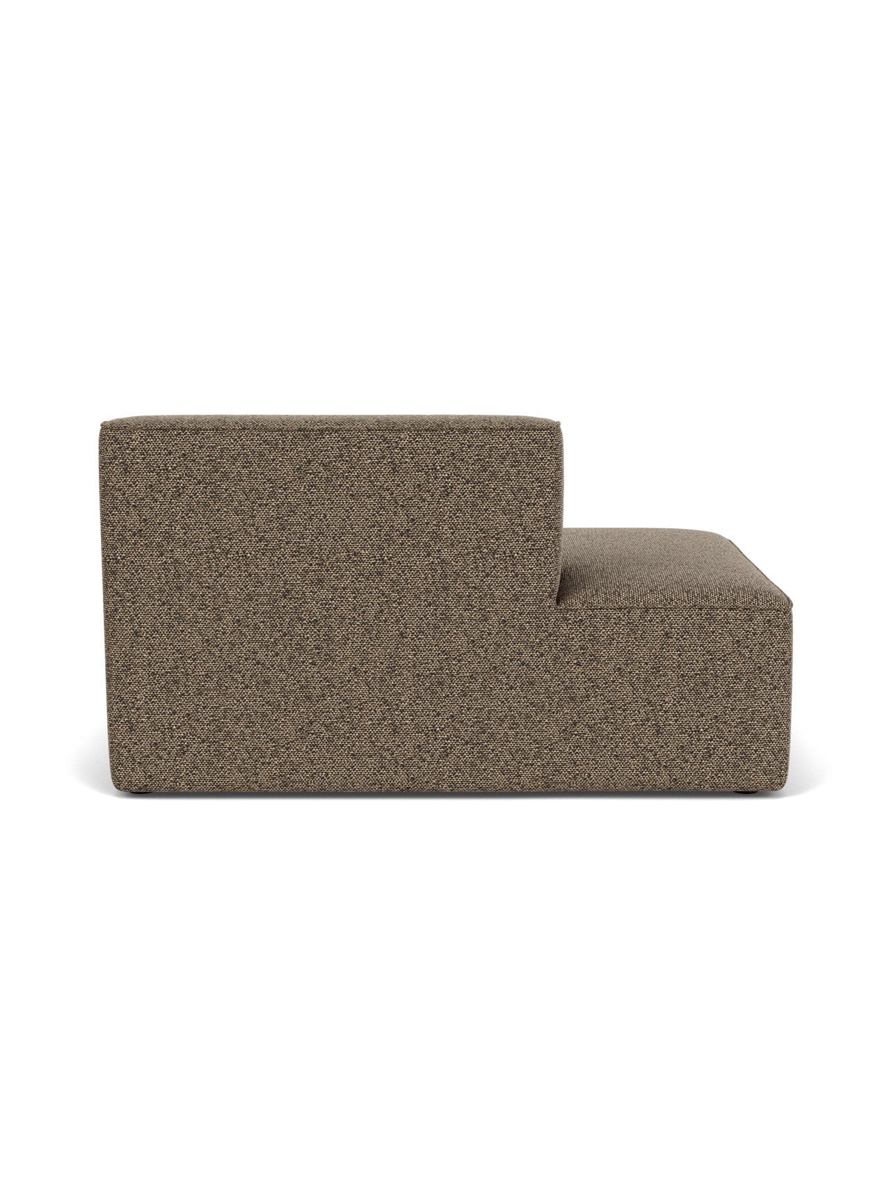 A back view of the Eave Modular Sofa, 96, Open End 144 module, upholstered in a textured brown and beige Safire 001 fabric.