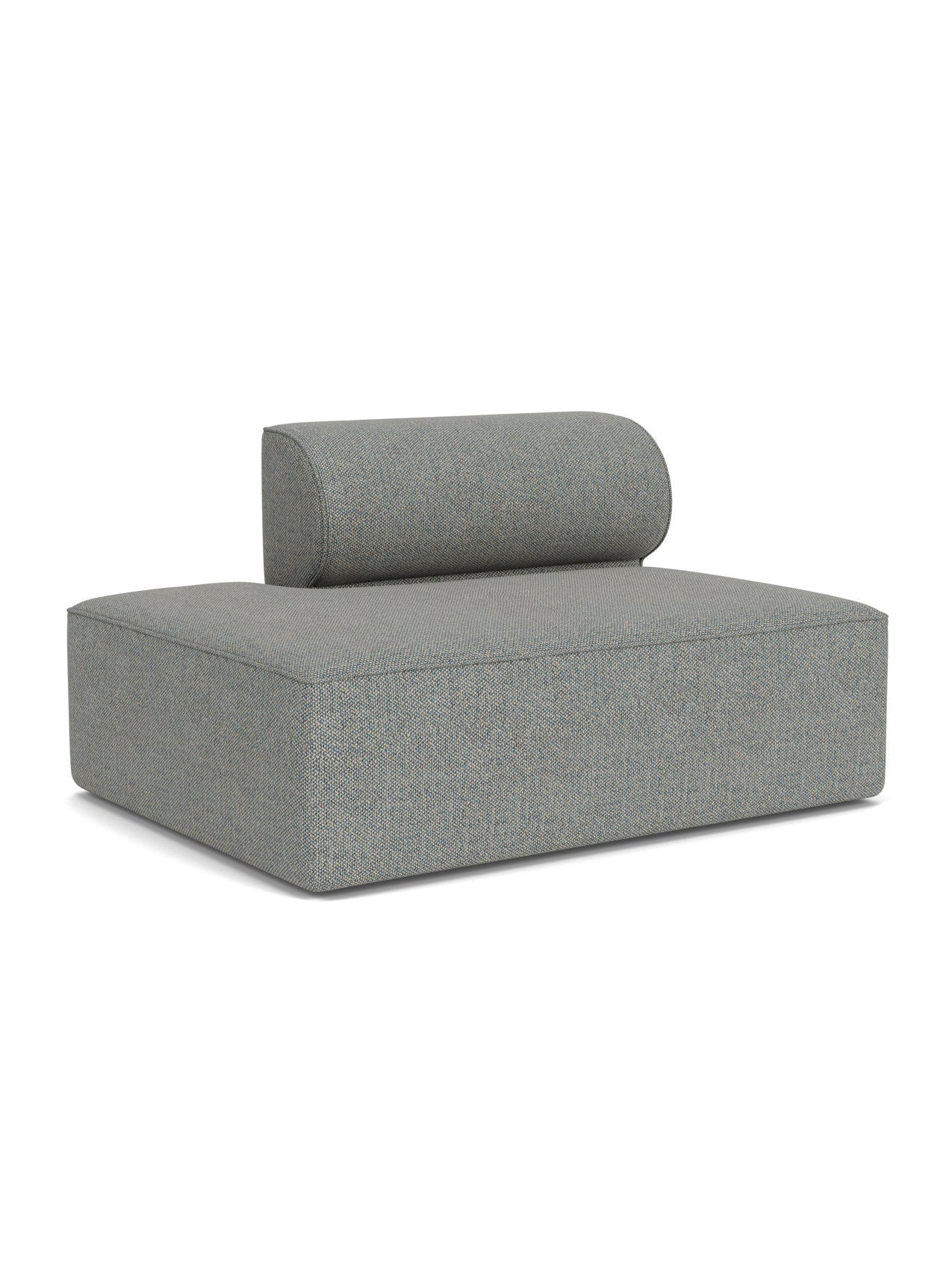 An angled view of the Eave Modular Sofa, 96, Open End 144 module, upholstered in a light grey textured fabric.