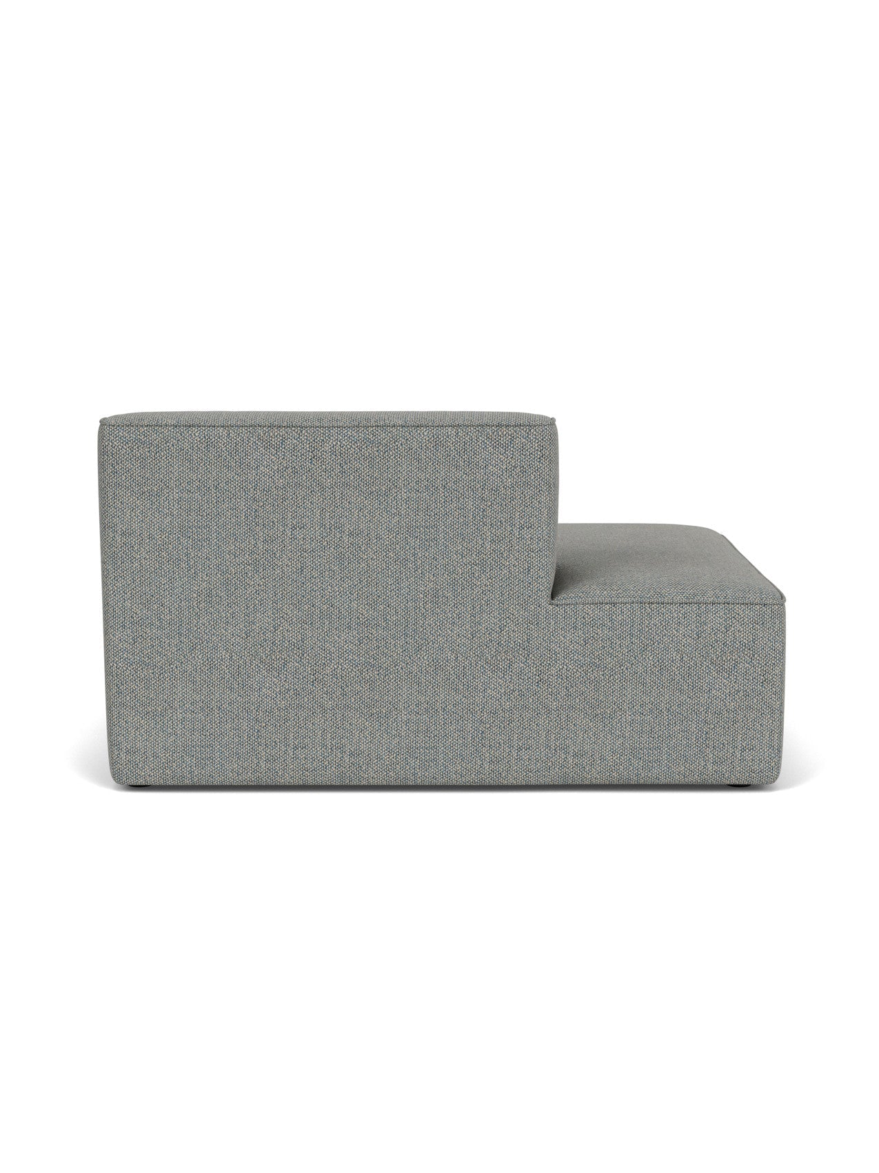 Back view of the Eave Modular Sofa, 96, Open End 144. The module is upholstered in a textured, grey-blue Safire 12 fabric.