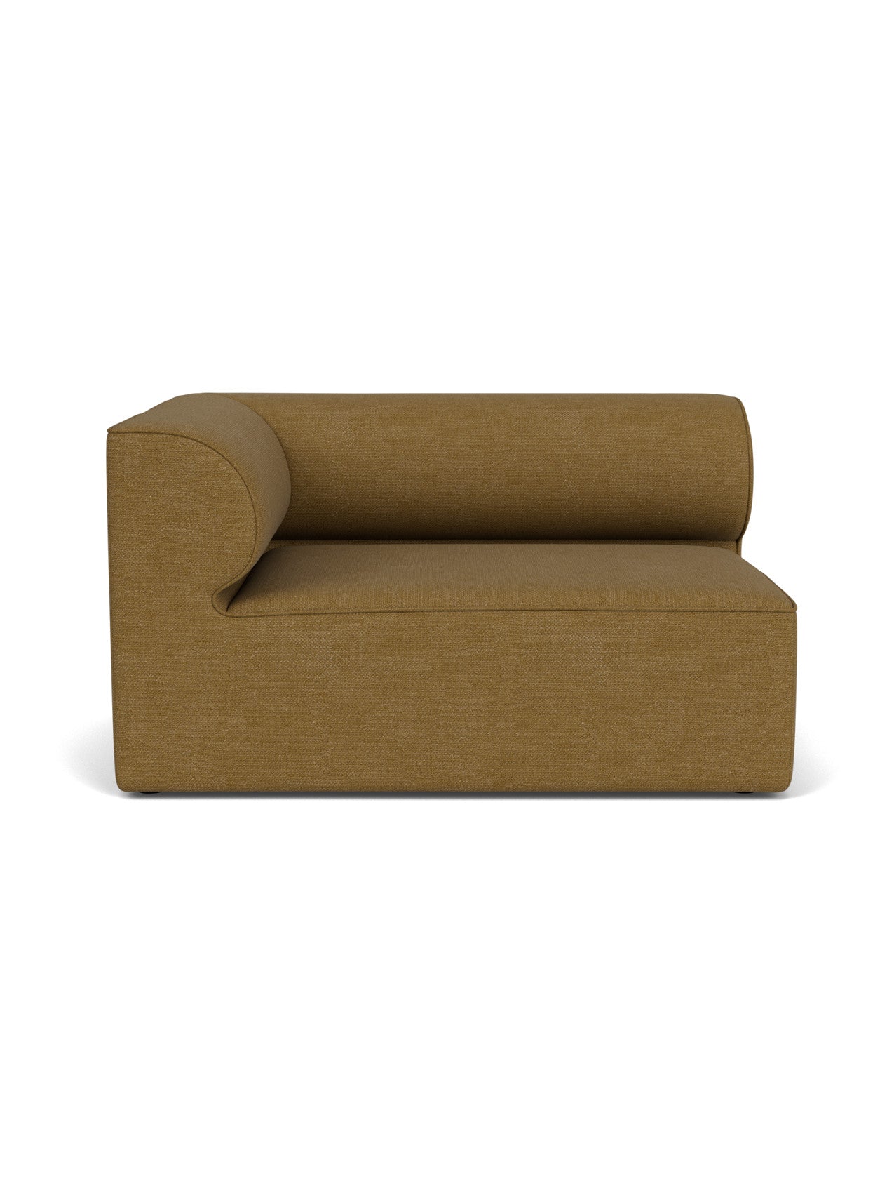 Front view of the Eave Modular Sofa, 96, Corner 144 left module, upholstered in a textured, golden-brown bouclé fabric.