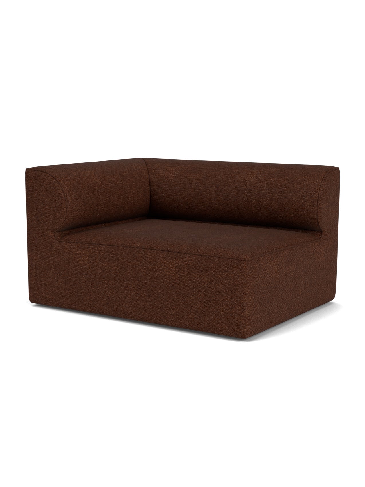 An Eave Modular Sofa, 96, Corner 144 module, upholstered in a dark brown textured fabric, angled on a white background.