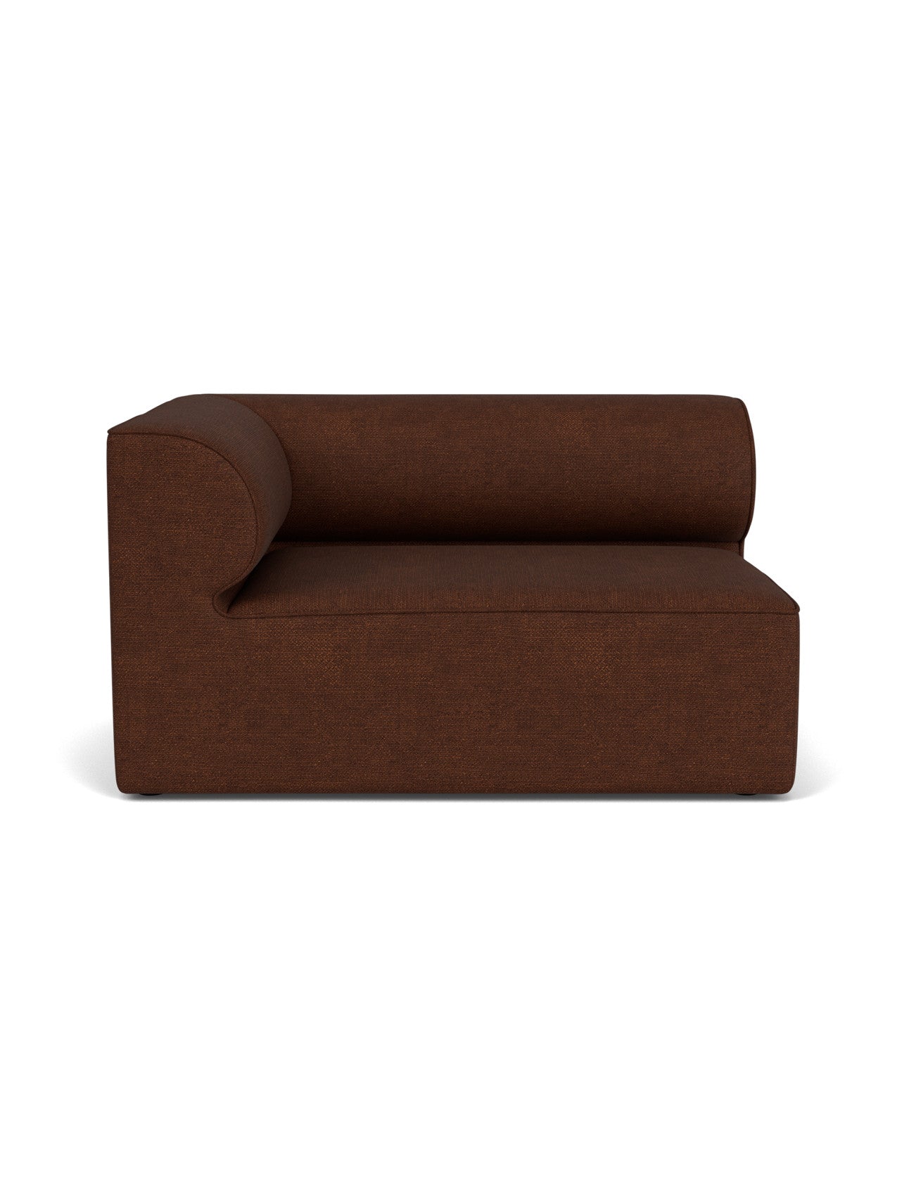 Front view of the Eave Modular Sofa, 96, Corner 144. This left corner module is upholstered in a textured brown fabric.