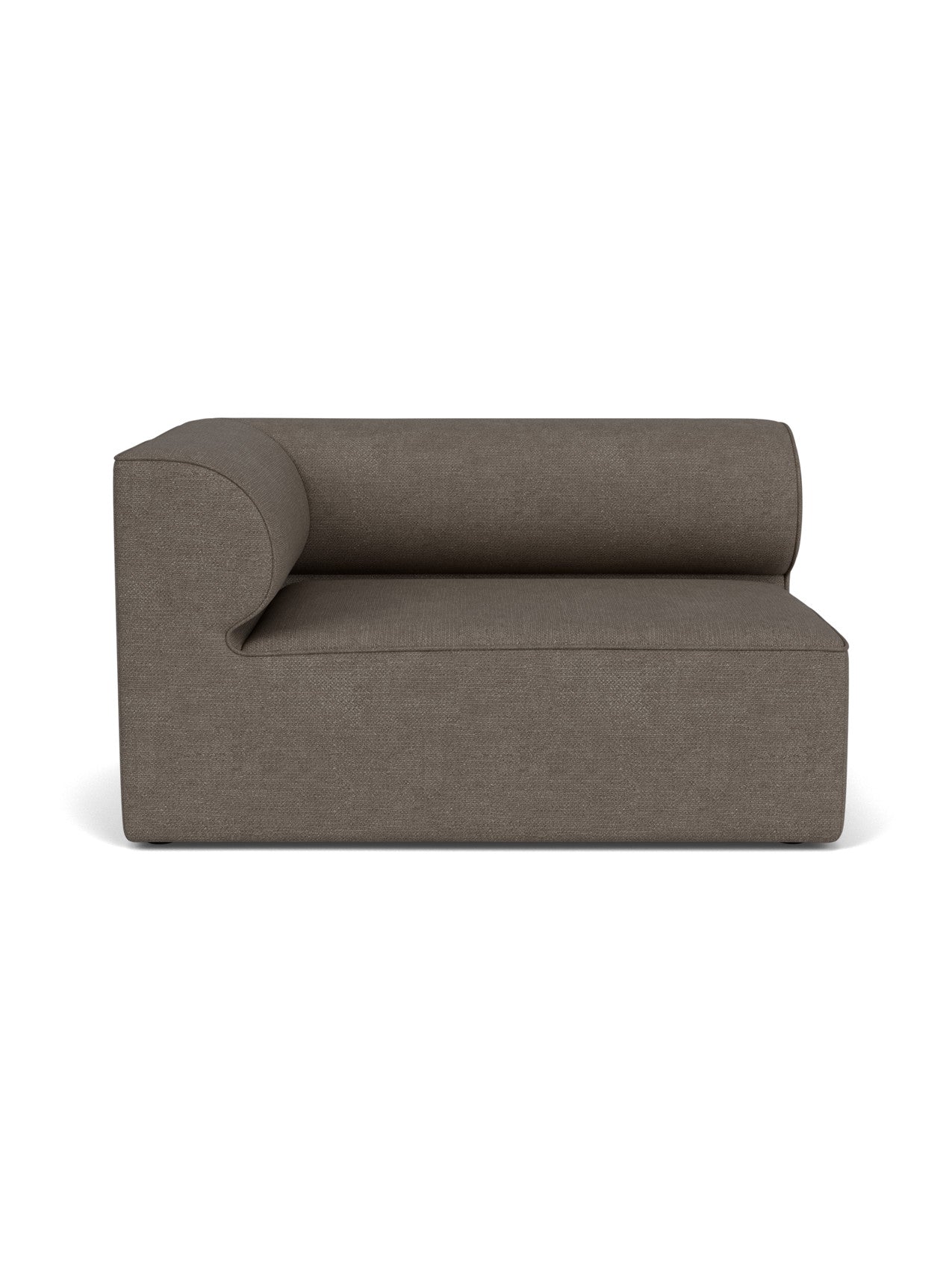 Front view of the Eave Modular Sofa, 96, Corner 144 left module in a textured dark brown fabric against a white background.