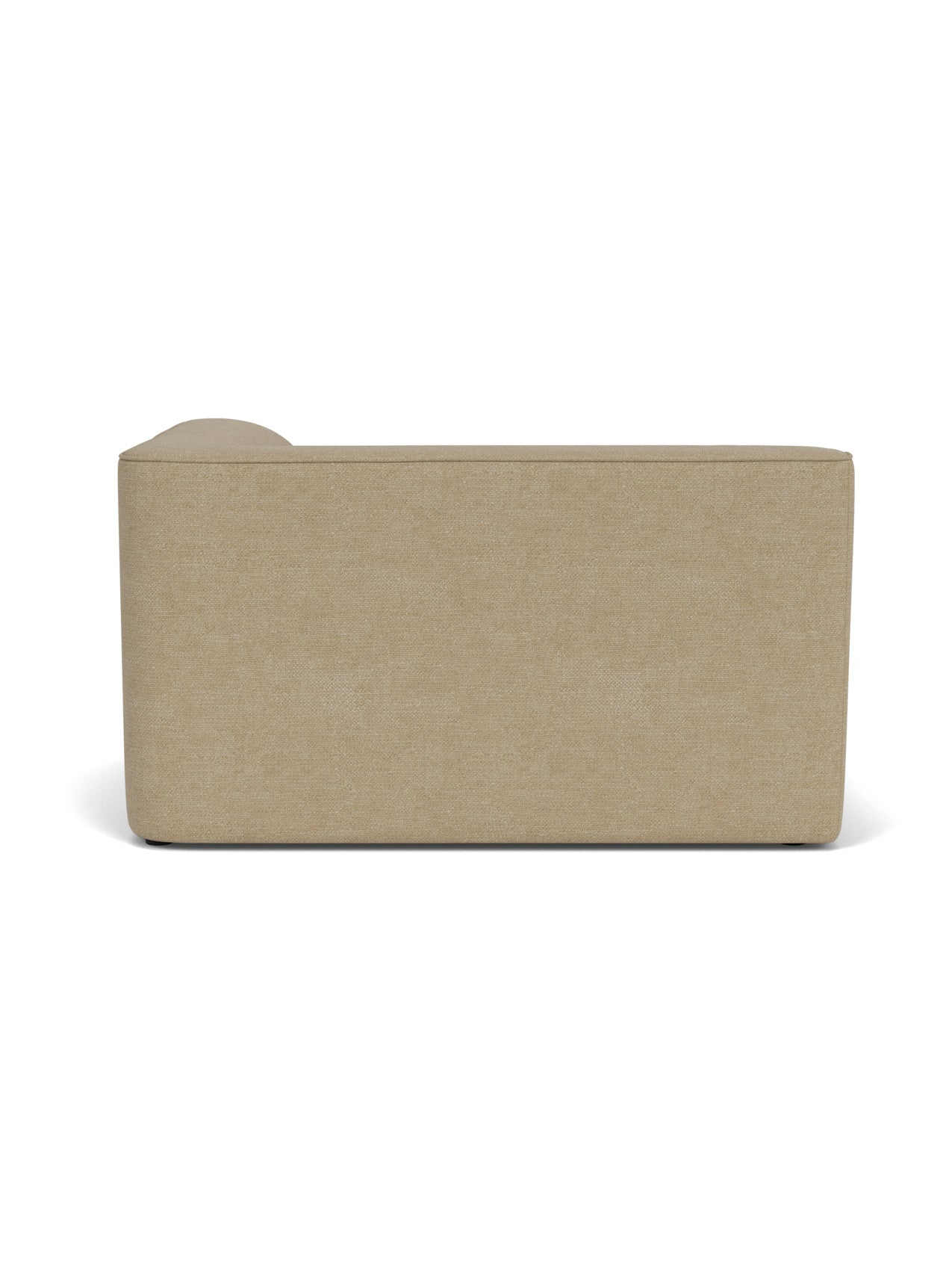 Back view of the Eave Modular Sofa, 96, Corner 144 module, upholstered in a light brown, textured bouclé fabric.
