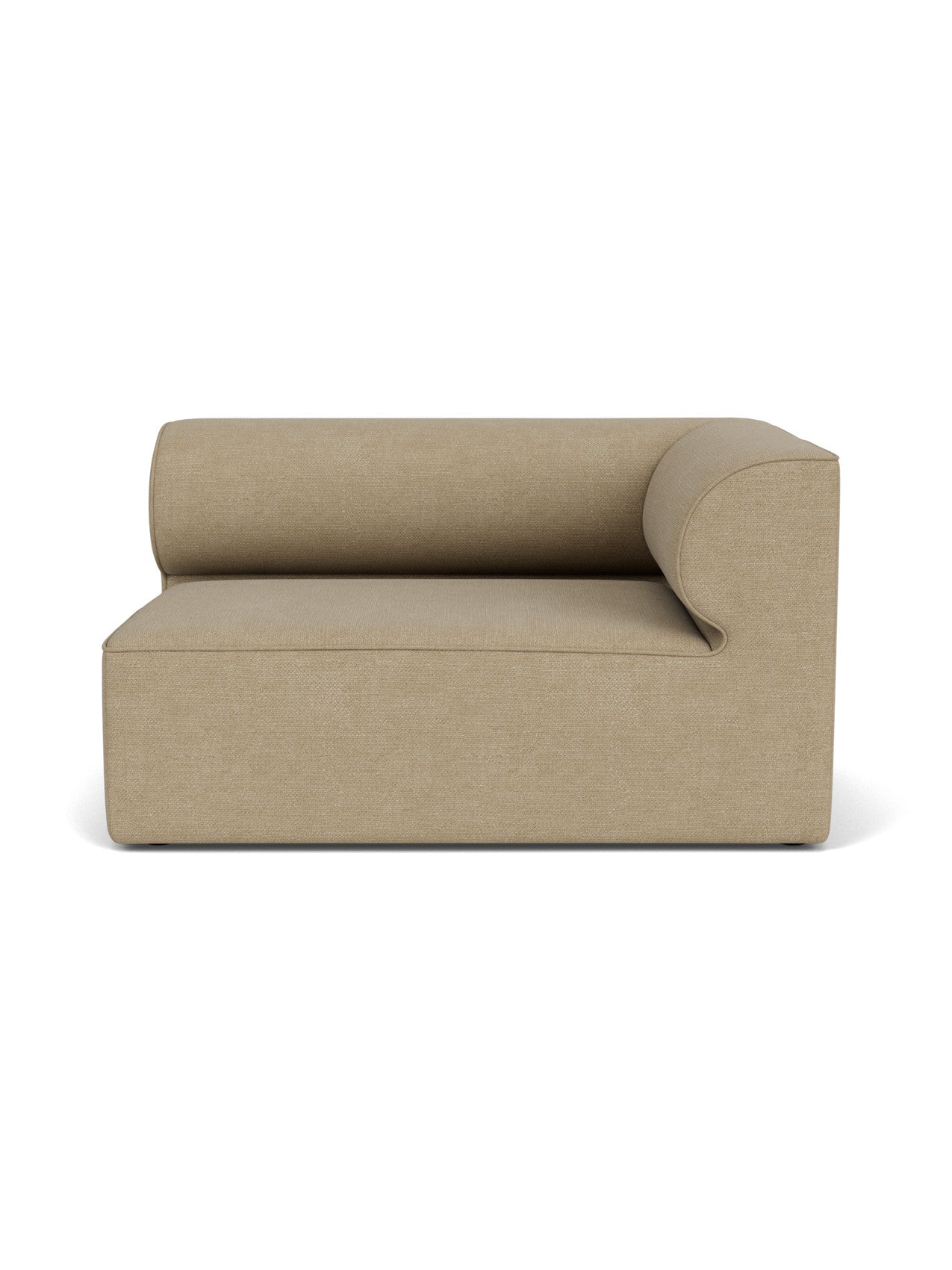 A front-on view of the Eave Modular Sofa, 96, Corner 144, a right-hand module upholstered in light brown bouclé fabric.