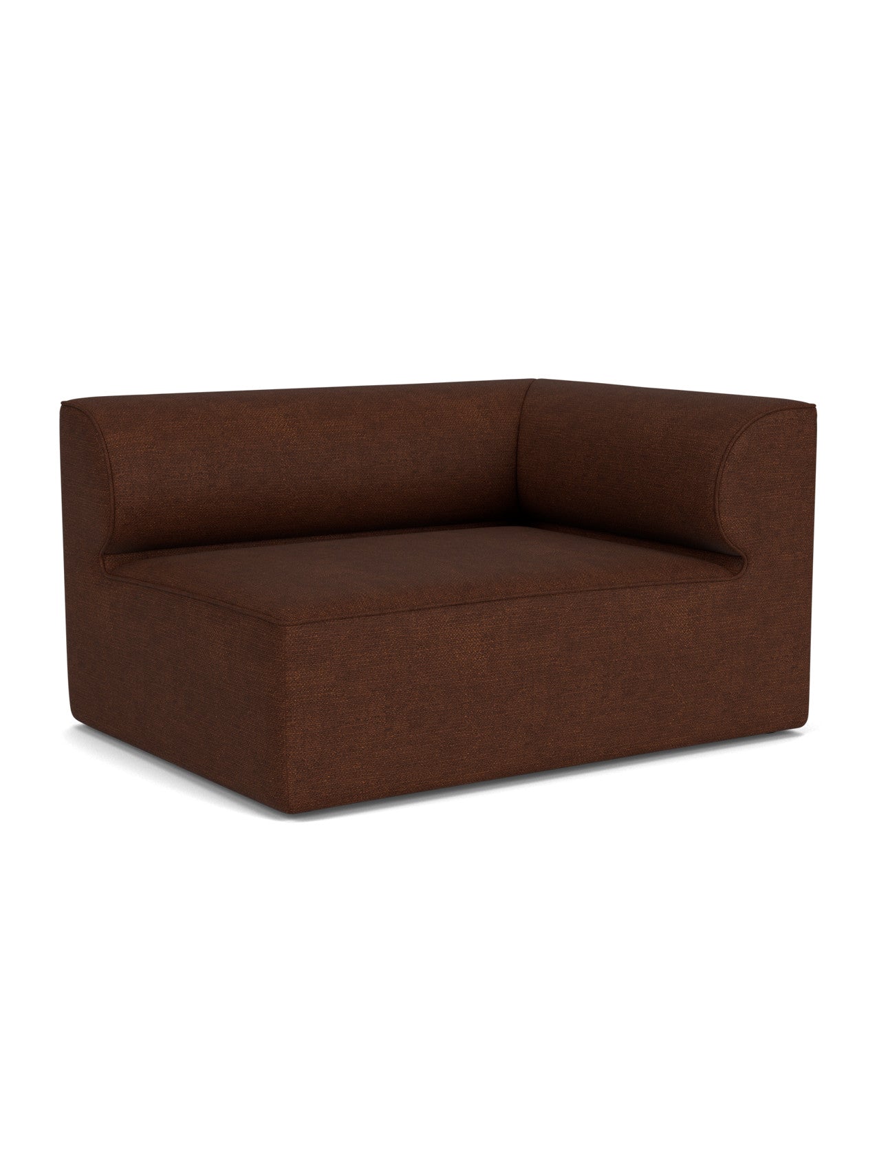 An angled view of the Eave Modular Sofa, 96, Corner 144, a corner module upholstered in a textured brown bouclé fabric.