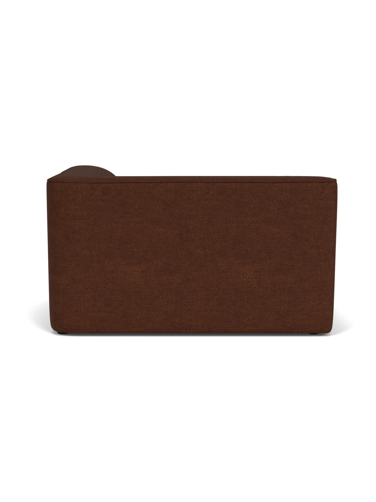 A back view of the Eave Modular Sofa, 96, Corner 144, upholstered in a dark brown bouclé fabric against a white background.