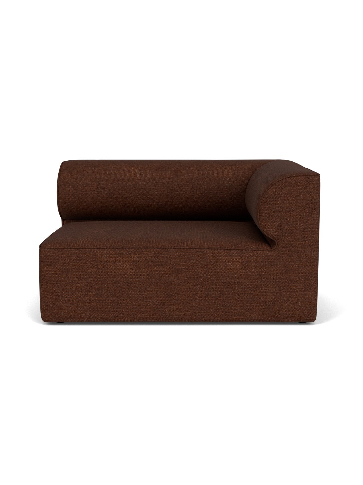 A front view of the Eave Modular Sofa's right-hand corner module, upholstered in a richly textured dark brown bouclé fabric.
