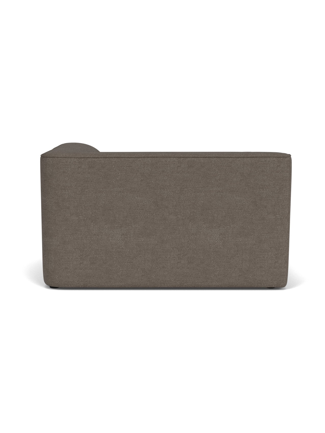Back view of the Eave Modular Sofa, 96, Corner 144, upholstered in a textured, brownish Bouclé fabric on a white background.
