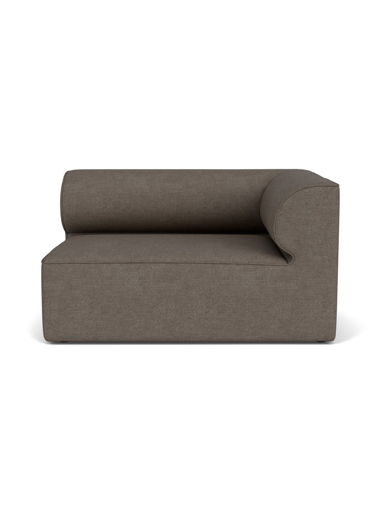 Front view of the Eave Modular Sofa, 96, Corner 144 right module in a textured, dark brown fabric against a white background.