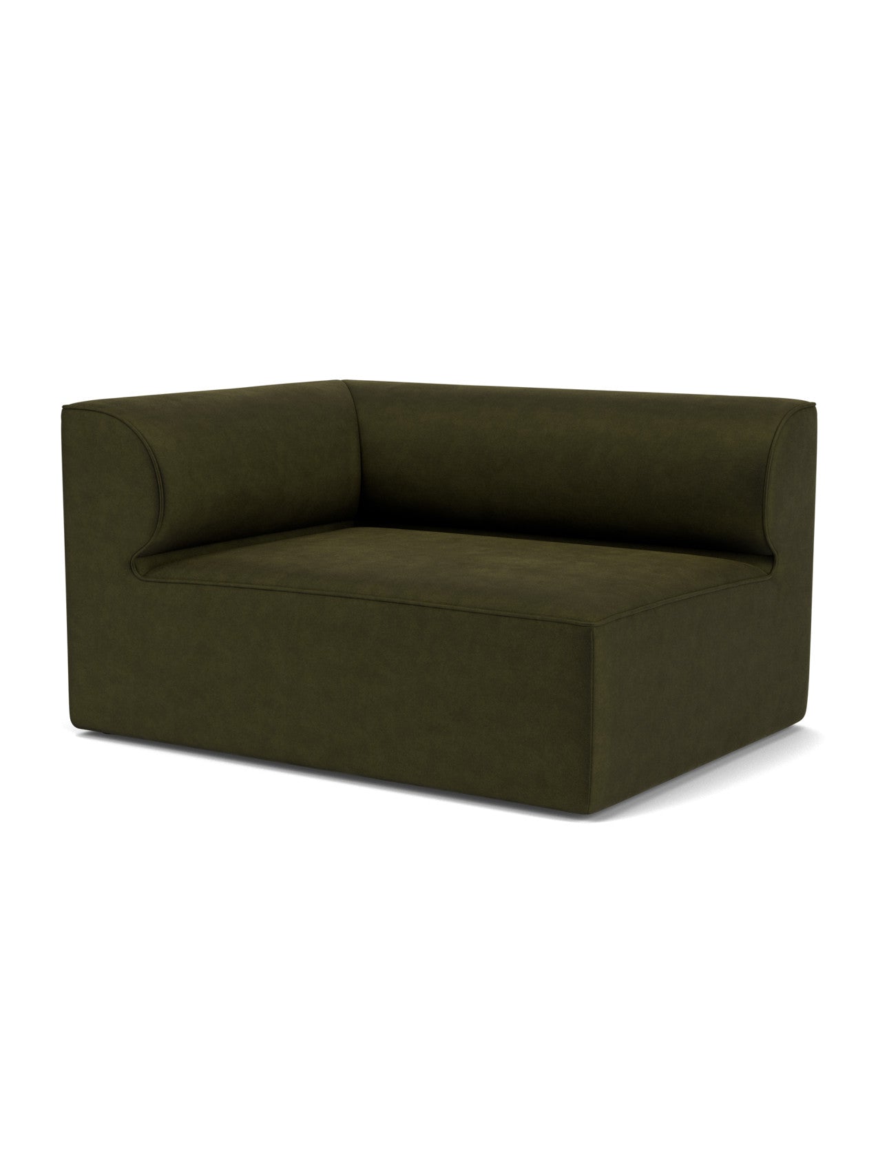 Angled view of the Eave Modular Sofa, 96, Corner 144. This corner section is upholstered in dark green fabric.