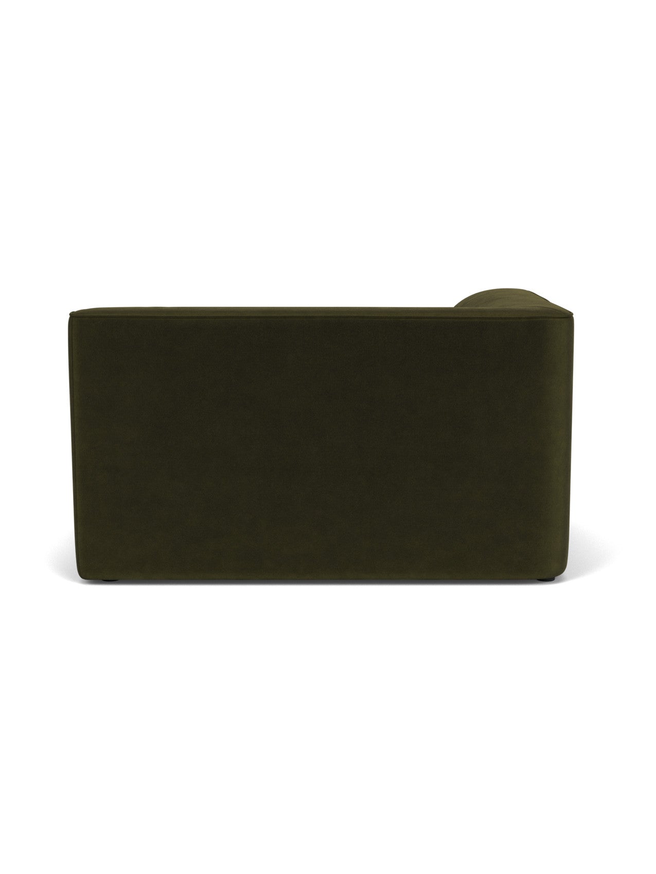 A back view of the Eave Modular Sofa, 96, Corner 144. The minimalist sofa is upholstered in a dark olive green fabric.