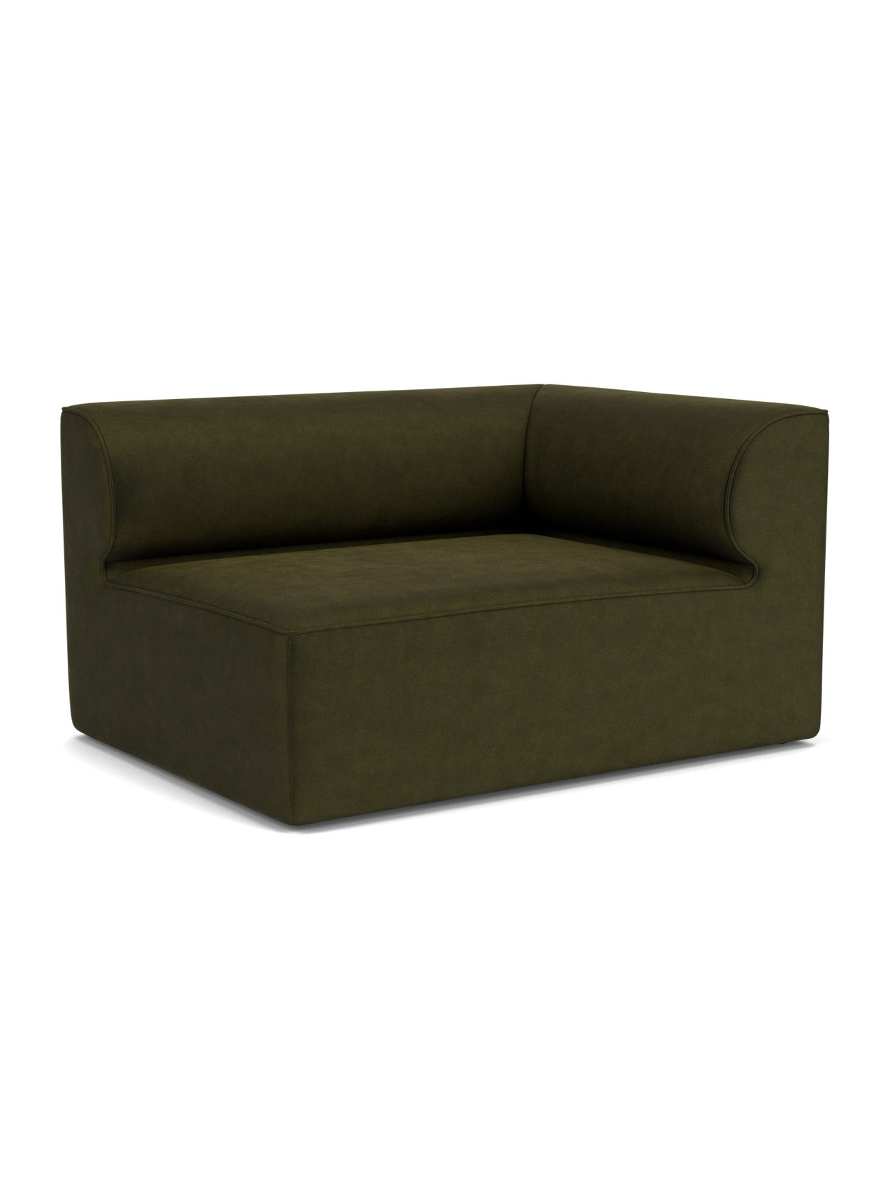 Angled view of the Eave Modular Sofa, 96, Corner 144 right unit, upholstered in dark olive green Champion 35 fabric.