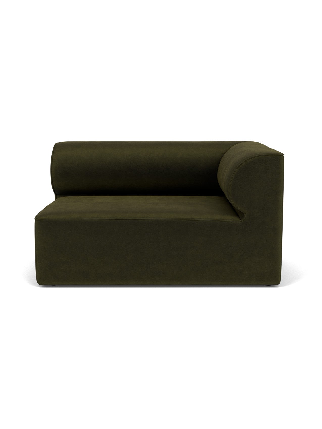 A front view of the Eave Modular Sofa, 96, Corner 144 right-hand module, upholstered in a dark olive green fabric.