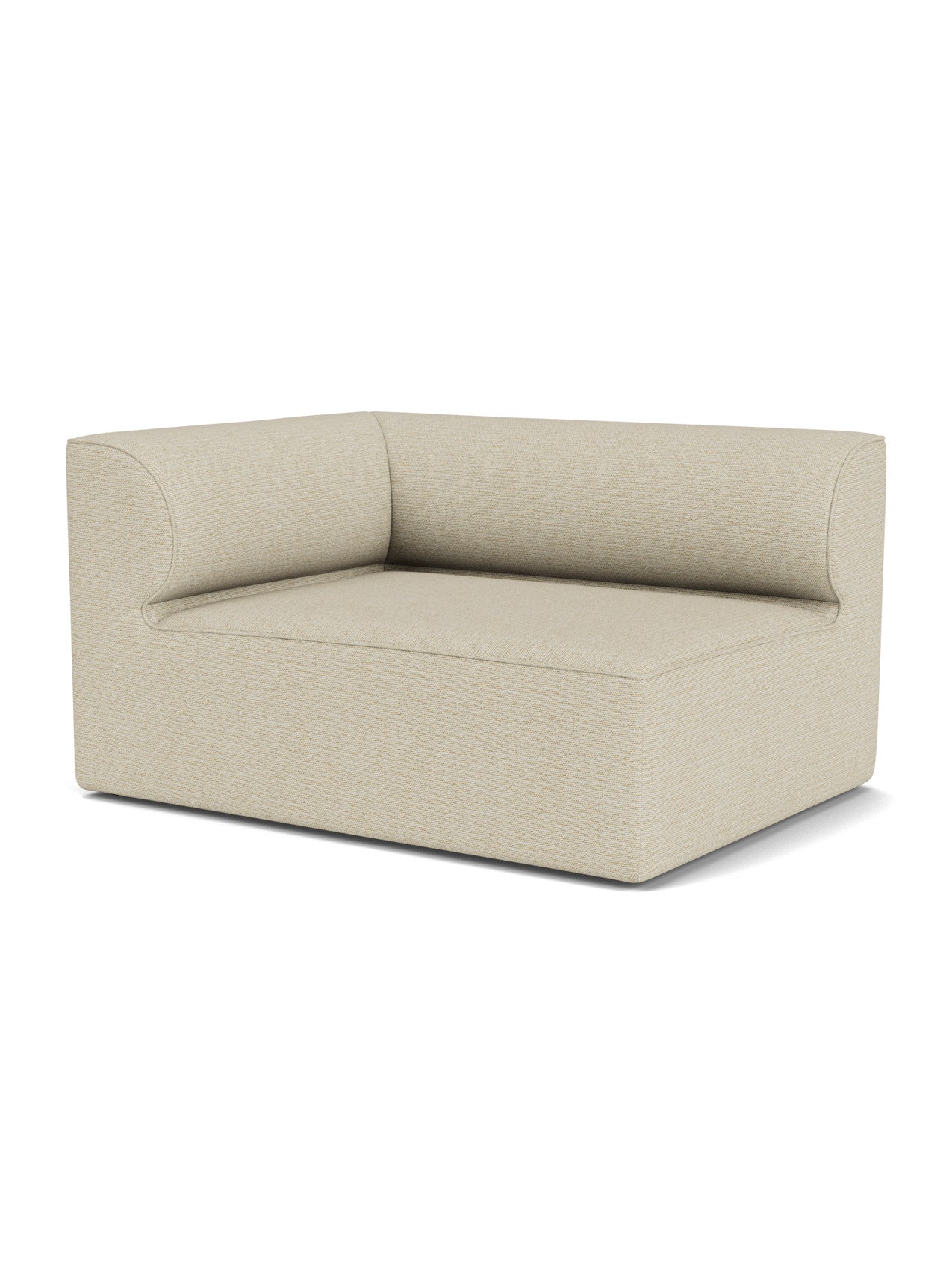 Angle view of the Eave Modular Sofa, 96, Corner 144 module. The sofa is upholstered in a light beige Savanna 202 fabric.