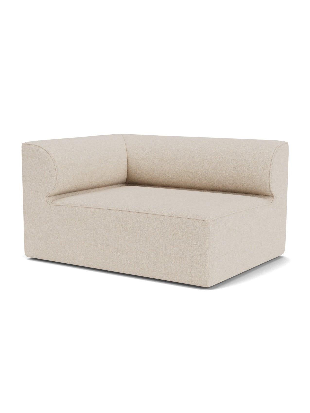 An angled view of the Eave Modular Sofa, 96, Corner 144 left-hand module, upholstered in a light beige textured fabric.